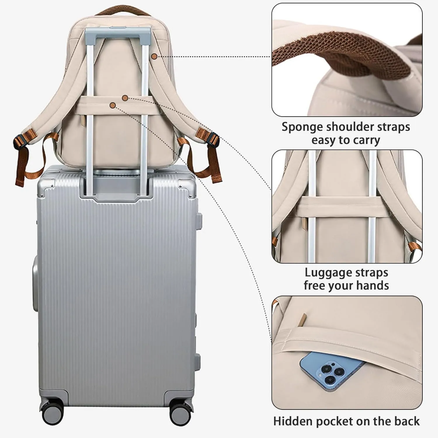 KEBEIXUAN Work Backpack Woman Teacher Backpack Computer Laptop Backpack Women College Waterproof with Laptop Compartment (Khaki)