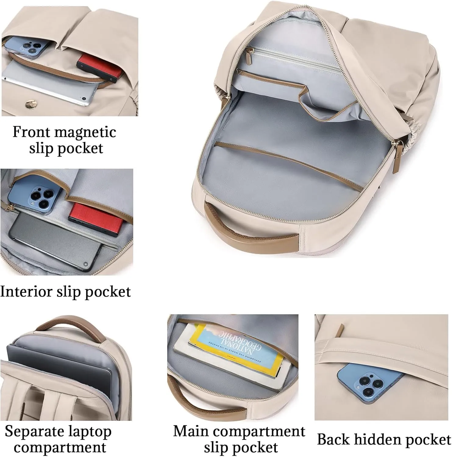KEBEIXUAN Work Backpack Woman Teacher Backpack Computer Laptop Backpack Women College Waterproof with Laptop Compartment (Khaki)