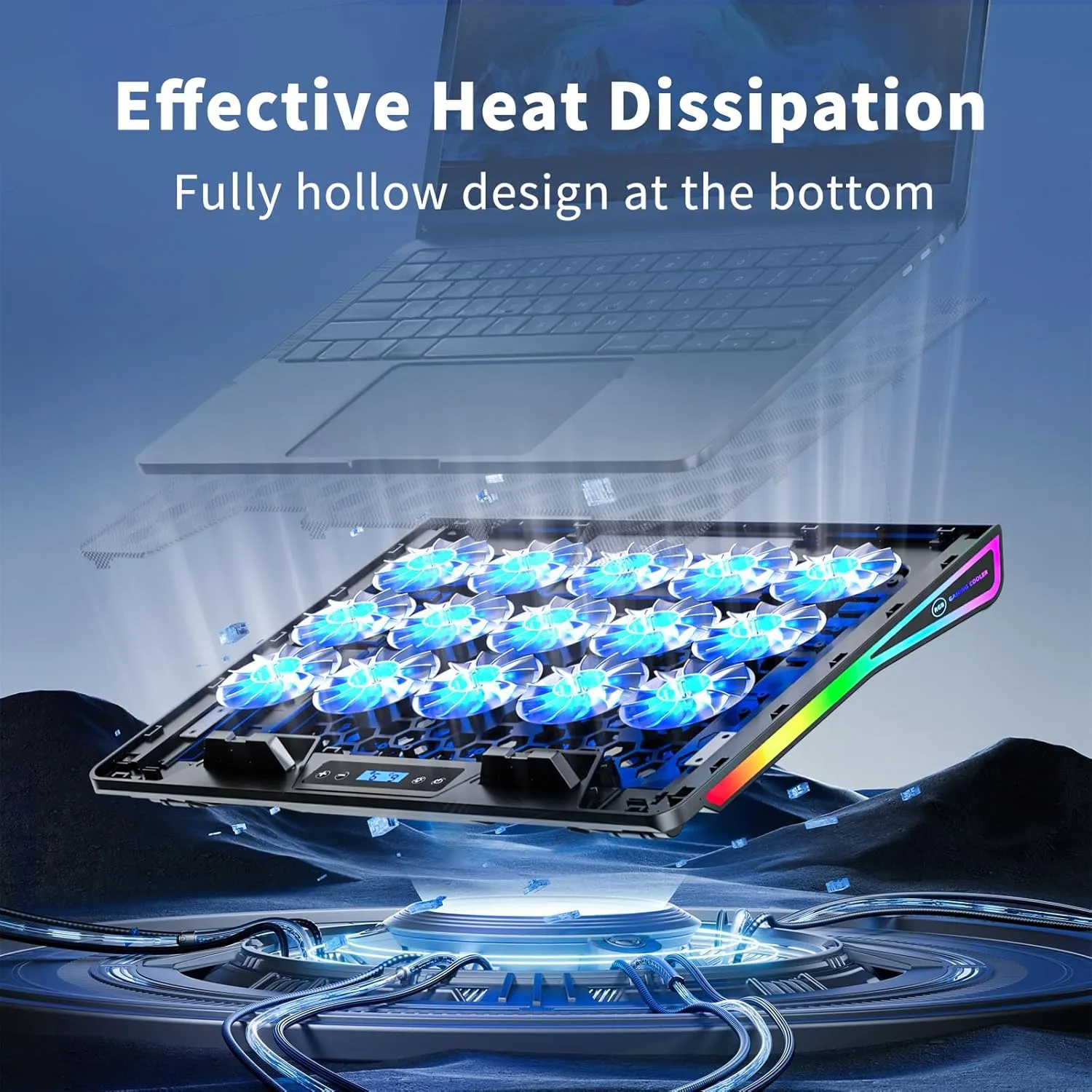 KeiBn Laptop Cooling Pad, Gaming Laptop Fan Cooling Pad with 15 Quiet Fans, RGB Laptop Cooler for 10-17.3 Inch, 4 Height Stands, 2 USB Ports - Blue