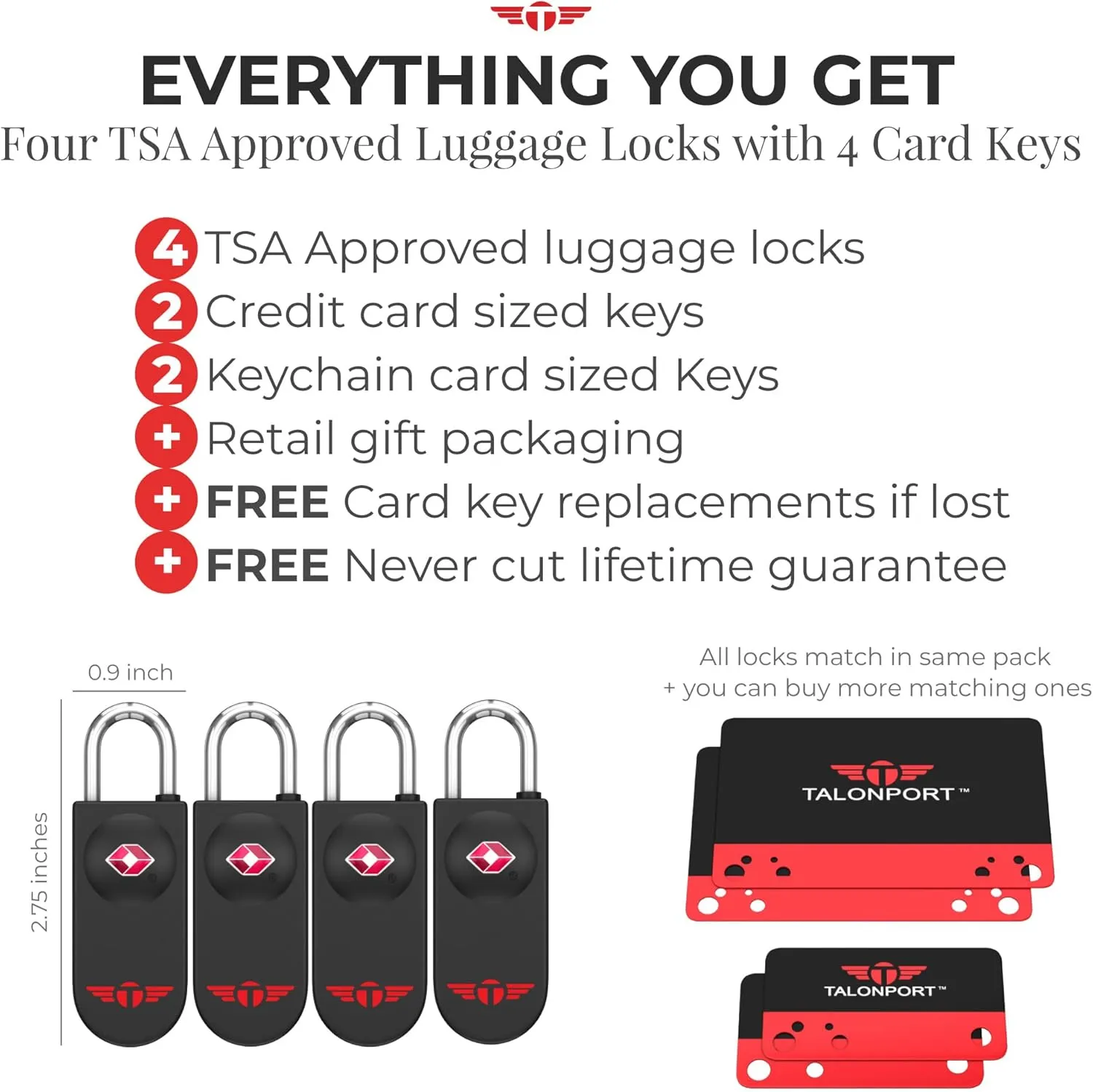 Keyless TSA Approved Luggage Locks with Lifetime Card Keys & No Combo to Forget (4 Pack)
