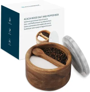 KITCHENDAO Acacia Wood Salt and Pepper Box Cellar Bowl with Grey Marble Lid and Built-in Spoon,Large Salt Container Cellar Storage Herb Sea Bath Salt Spice,Dual 5Oz Capacity