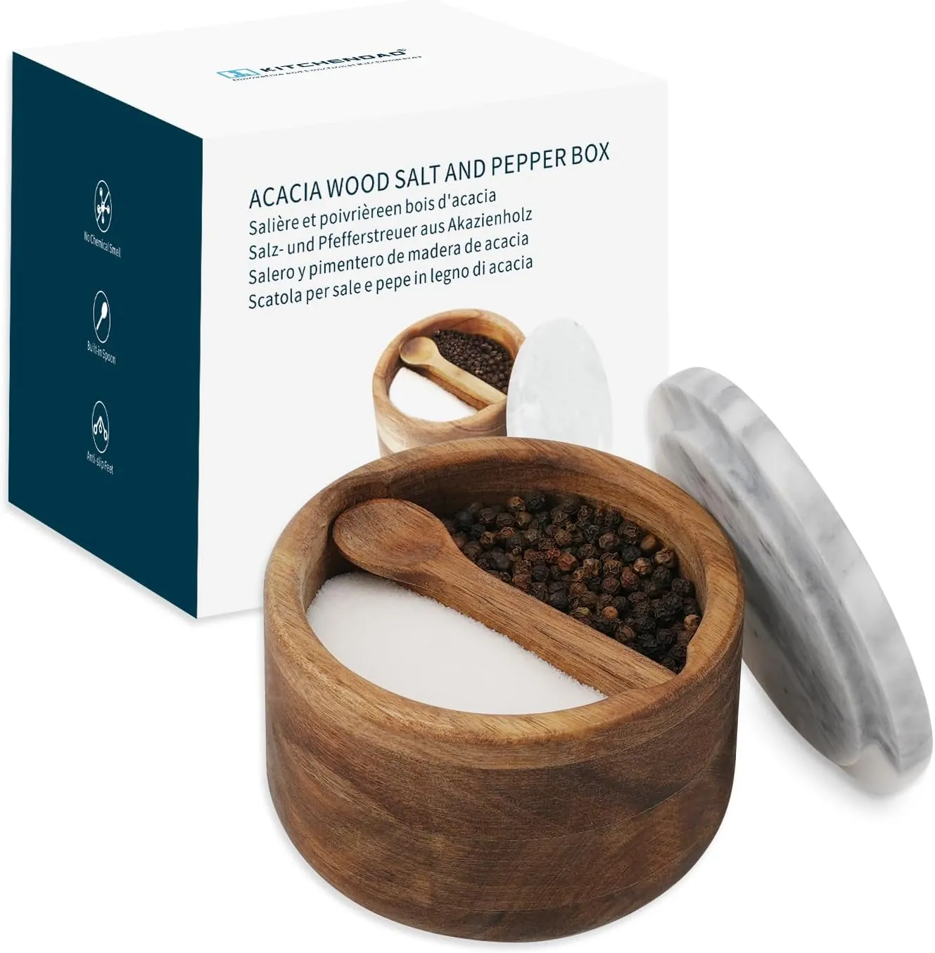 KITCHENDAO Acacia Wood Salt and Pepper Box Cellar Bowl with Grey Marble Lid and Built-in Spoon,Large Salt Container Cellar Storage Herb Sea Bath Salt Spice,Dual 5Oz Capacity