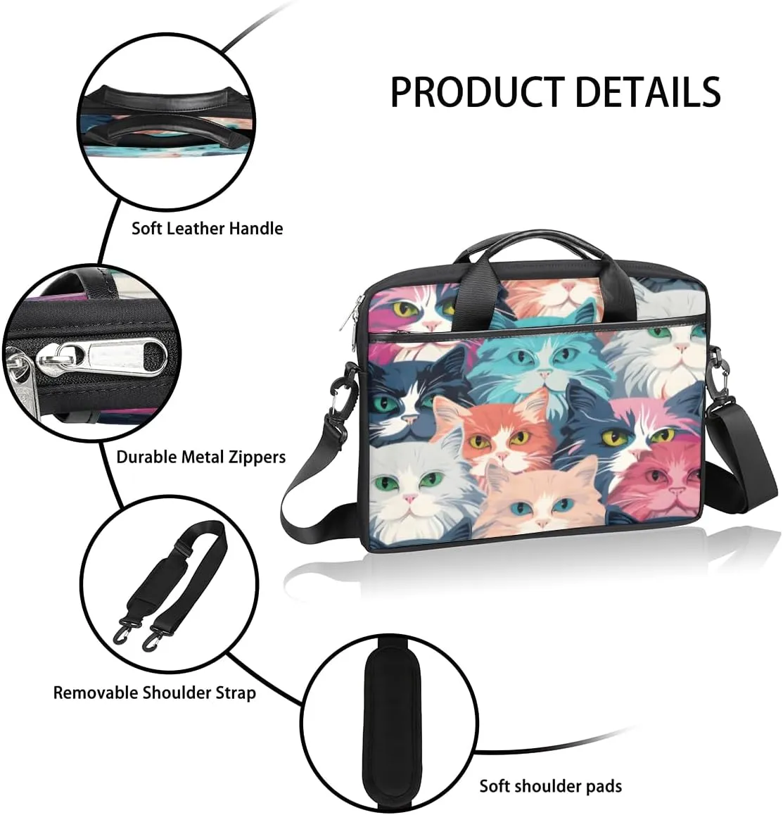 Kitty Laptop Bag for Men Women 13-15 Inch Case Bags Sleeve Shoulder with Anti Slip Removable The Pad Straps(15x1x11inches)