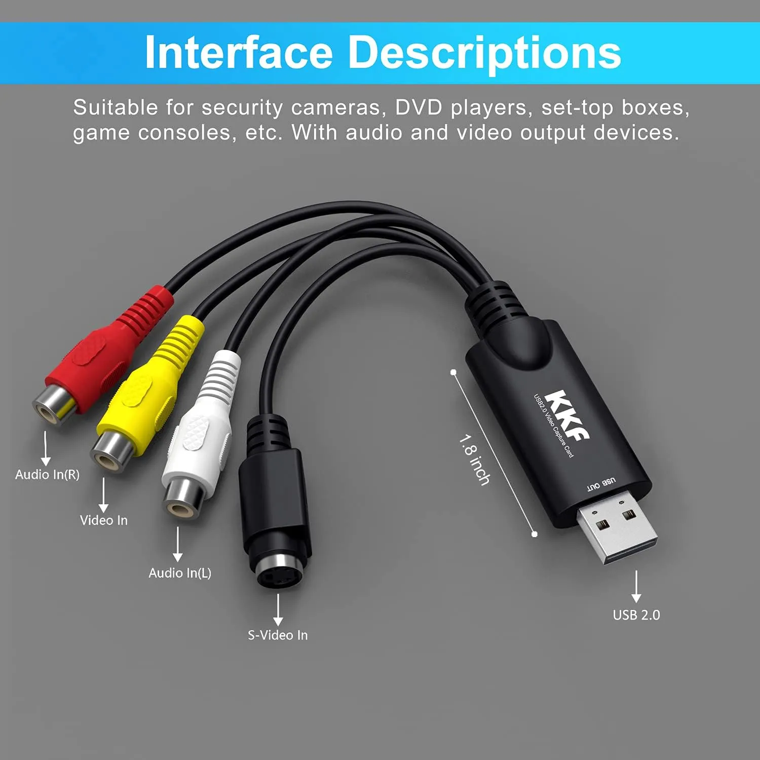 Kkf RCA AV to USB Video Capture Card Converter, Convert Analog VHS VCR to Digital Adapter, USB 2.0 Audio Transfer Grabber, Digitize Video DSLR DVD PS3 PS4 Camera (IU037B-3)