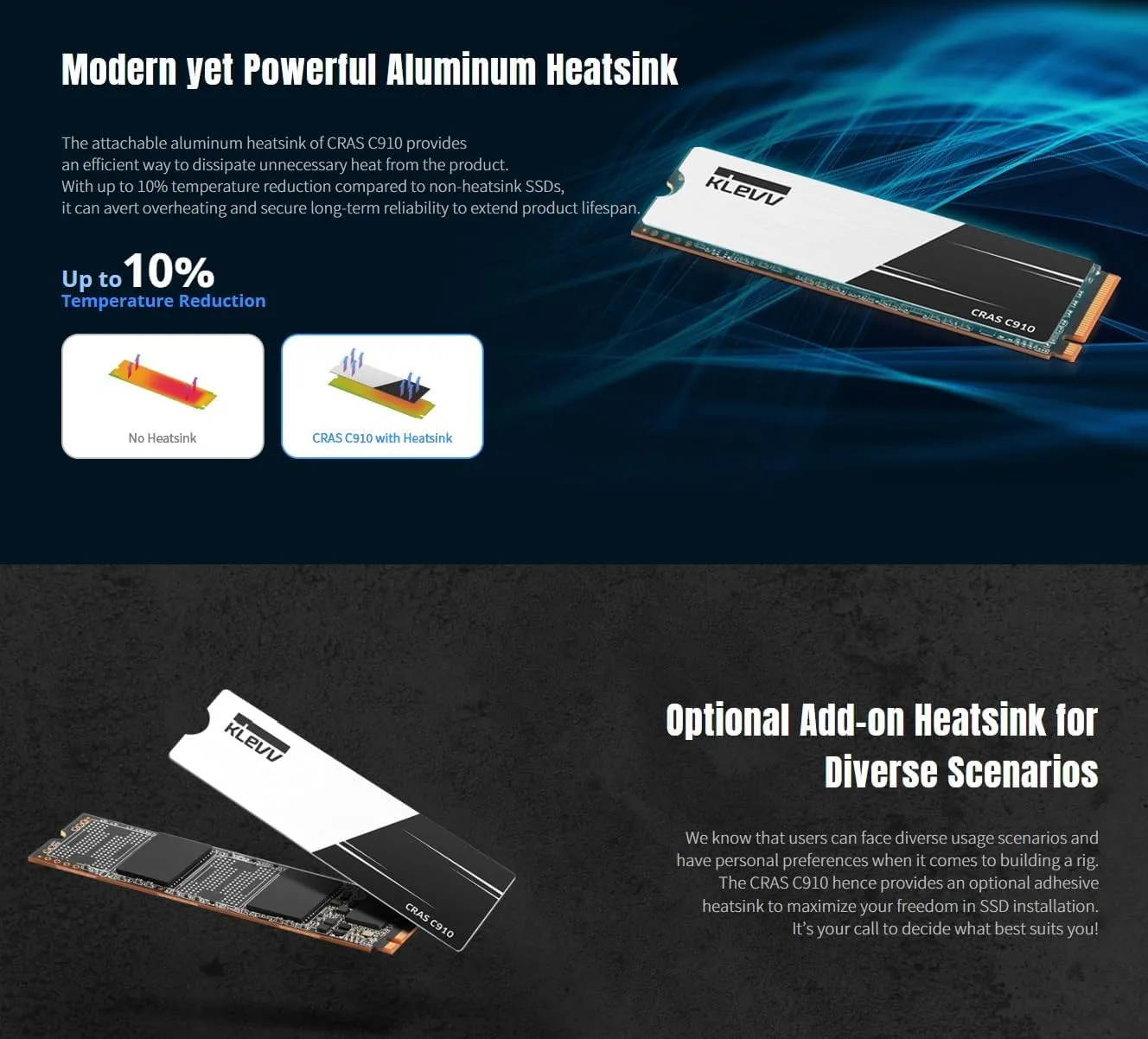 KLEVV CRAS C910 1TB M.2 2280 SLC Cache NVMe PCIe Gen4x4 Laptop & Desktop Internal SSD Heatsink Included, up to 5000MB/s (K01TBM2SP0-C91)