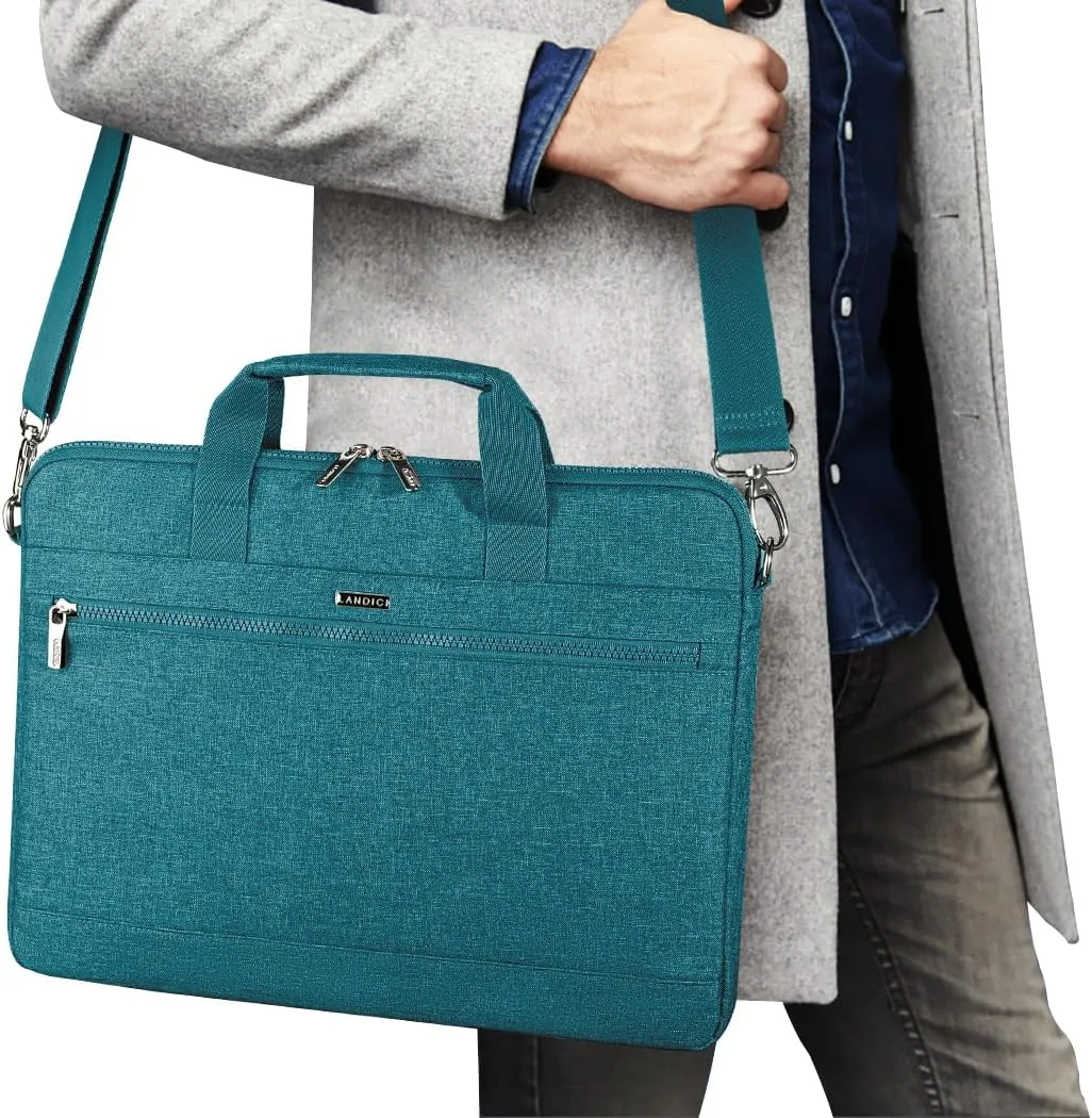 LANDICI 360° Protective Laptop Bag Case 14-15 Inch with Shoulder Strap & Handle, Waterproof Computer Sleeve Cover for MacBook Air/Pro 15, Chromebook 14, Slim Briefcase for Women, Lake Blue