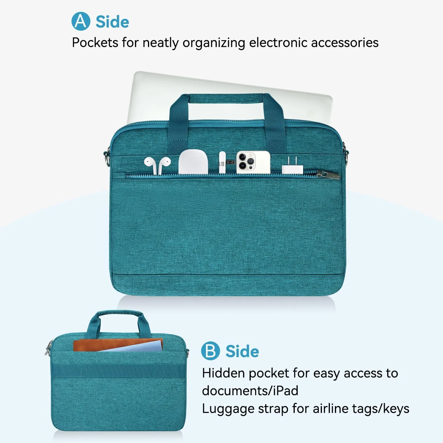 LANDICI 360° Protective Laptop Bag Case 14-15 Inch with Shoulder Strap & Handle, Waterproof Computer Sleeve Cover for MacBook Air/Pro 15, Chromebook 14, Slim Briefcase for Women, Lake Blue