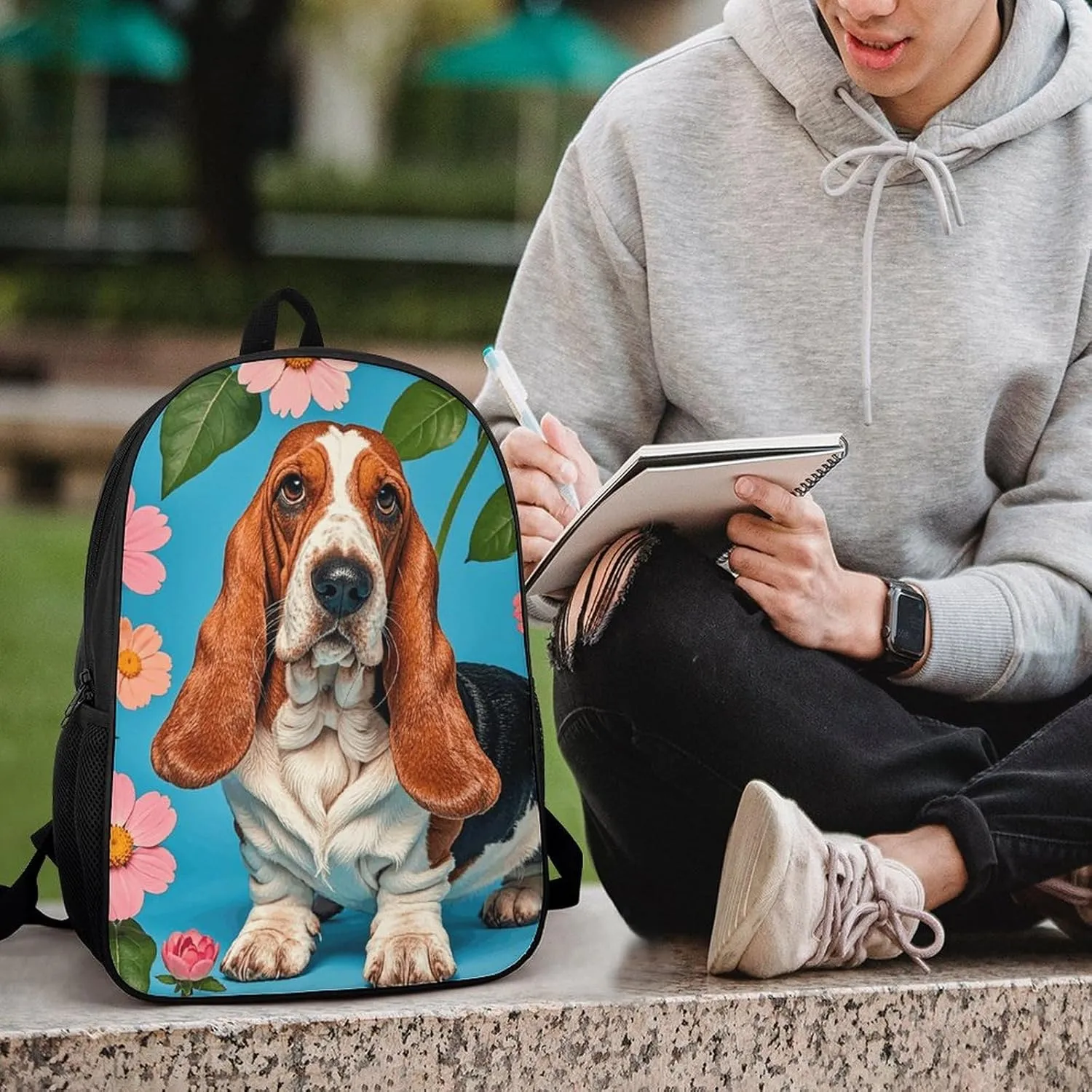 Laptop Backpack for Men Women Daypack Sweet Basset Hound Florals Computer Bag Travel Backpacks Laptop Bag