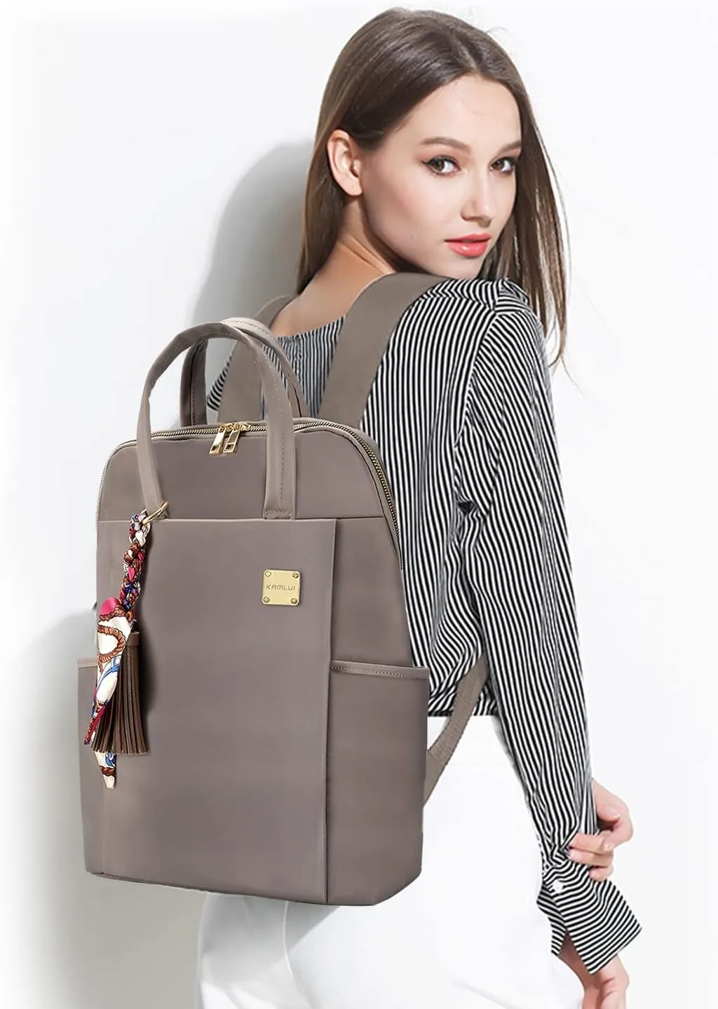 Laptop Backpack for Women 15.6-Inch Slim - Computer Case Laptop Bag Travel Casual Daypack Satchel Business Weekender Fashion Nylon (Khaki)