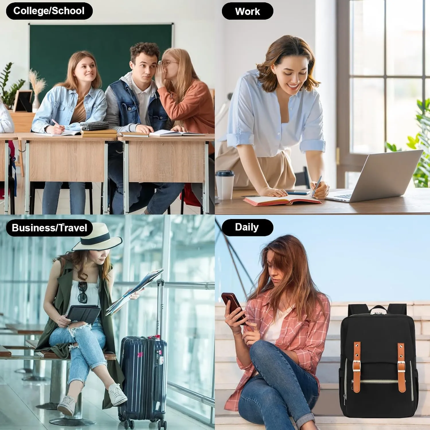 Laptop Backpack for Women Girls School Work Business Travel Computer Backpacks College Bookbag Fit 15.6 Inch Notebook (Black)