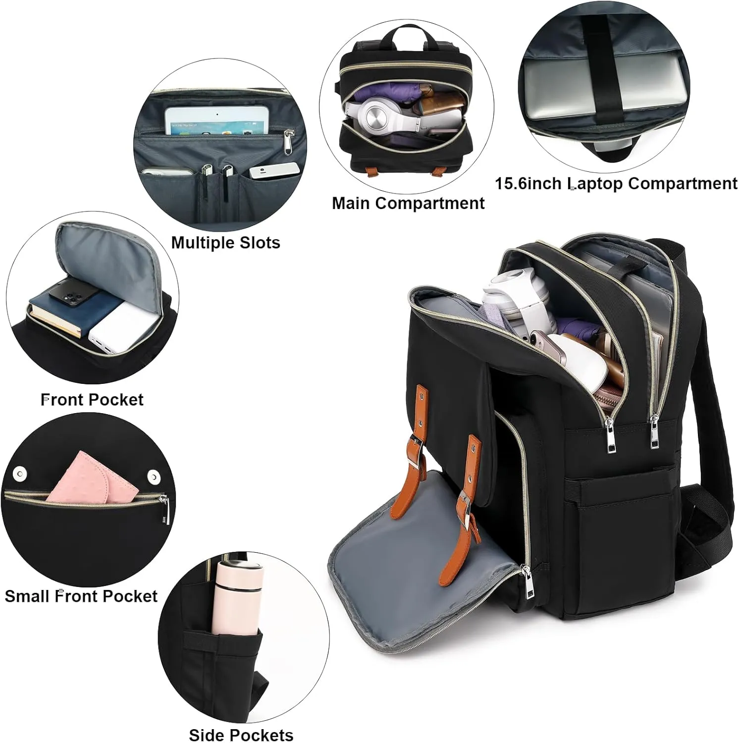 Laptop Backpack for Women Girls School Work Business Travel Computer Backpacks College Bookbag Fit 15.6 Inch Notebook (Black)