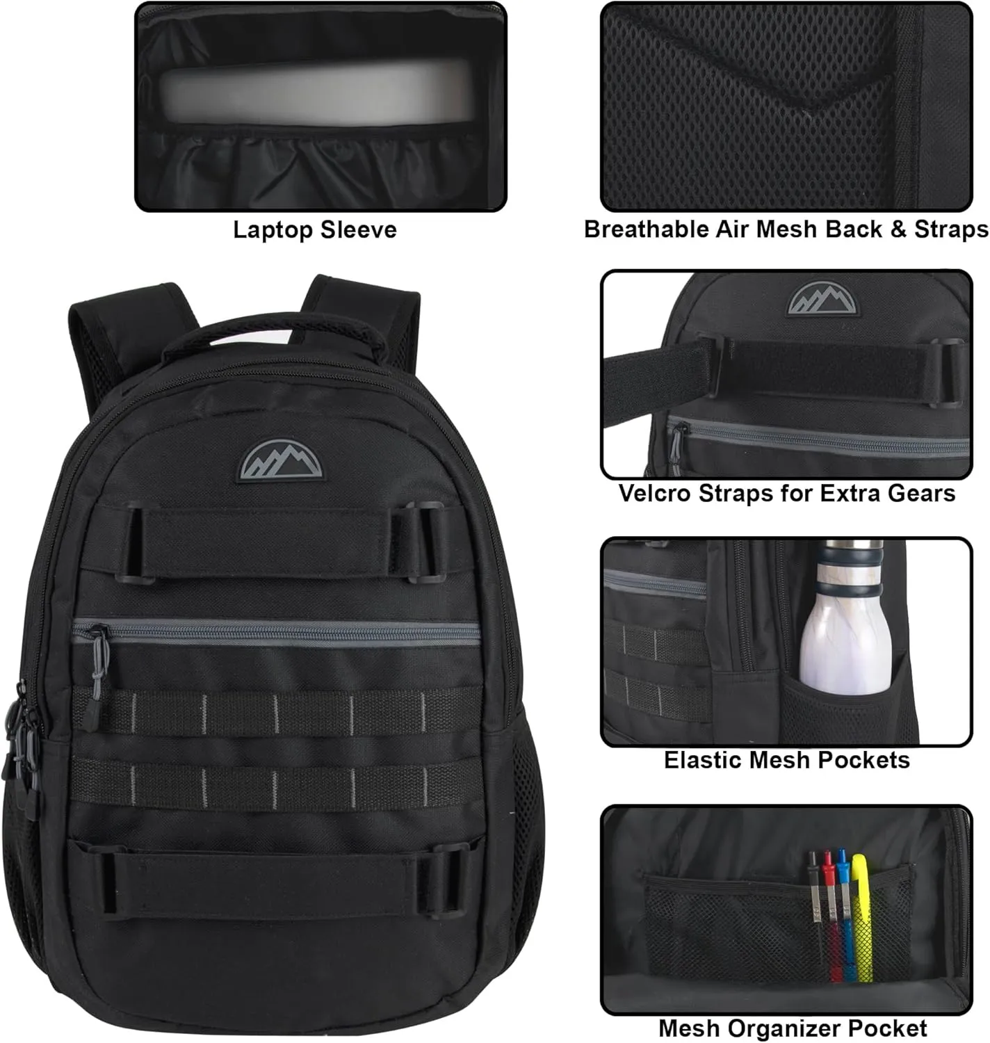 Laptop Backpack with Skateboard Straps, Heavy Duty 19 Inch Dual Compartment Tactical Backpack for College, Travel, Work (Black)