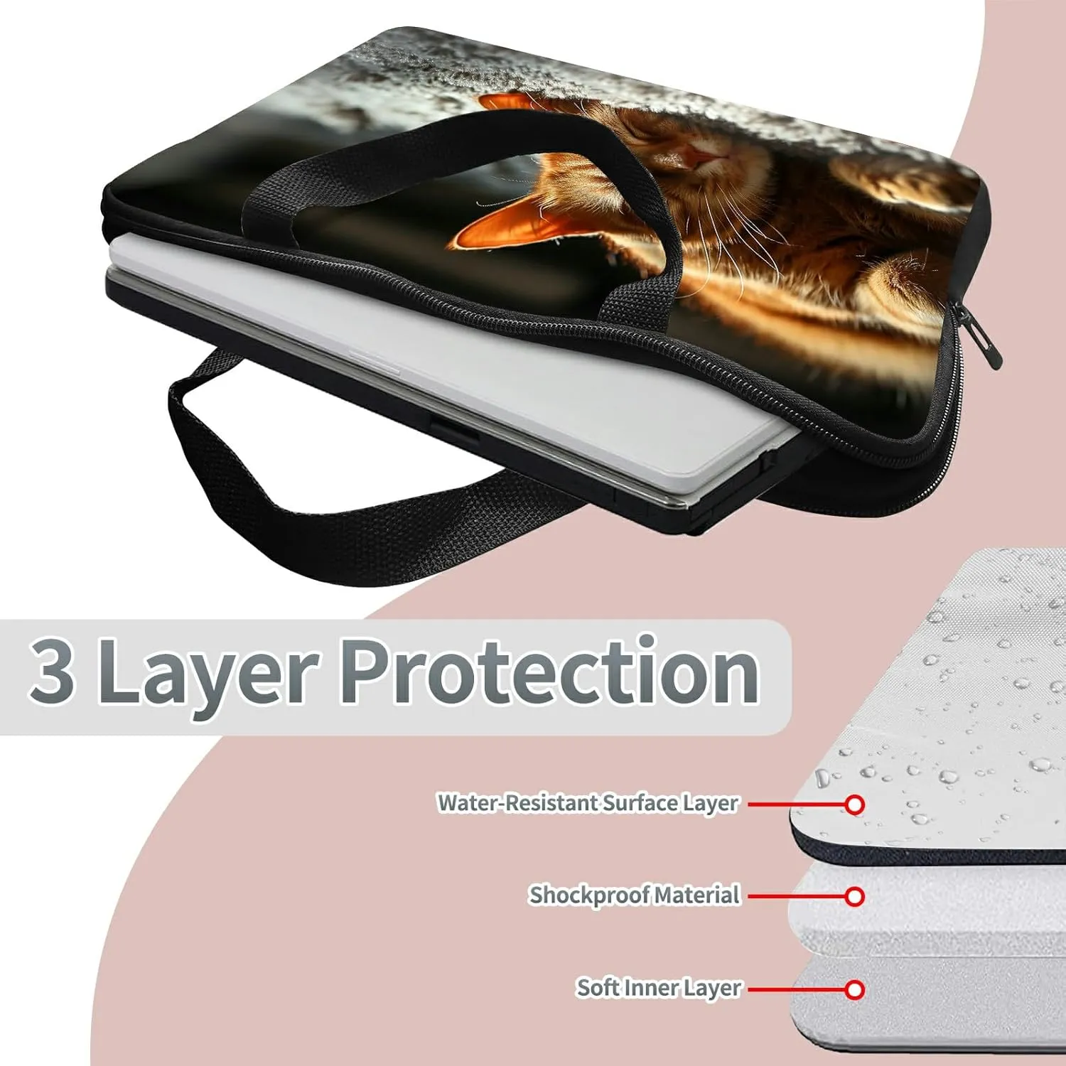 Laptop Sleeve Case Bag 15 inch, Sleep Cat Slim Carrying Case Durable Handbag Travel Laptop Bag for 15 inch MacBook Air M3/M2/15 Pro/Surface Laptop 7/6/5/4/3/ Dell XPS 15 Plus