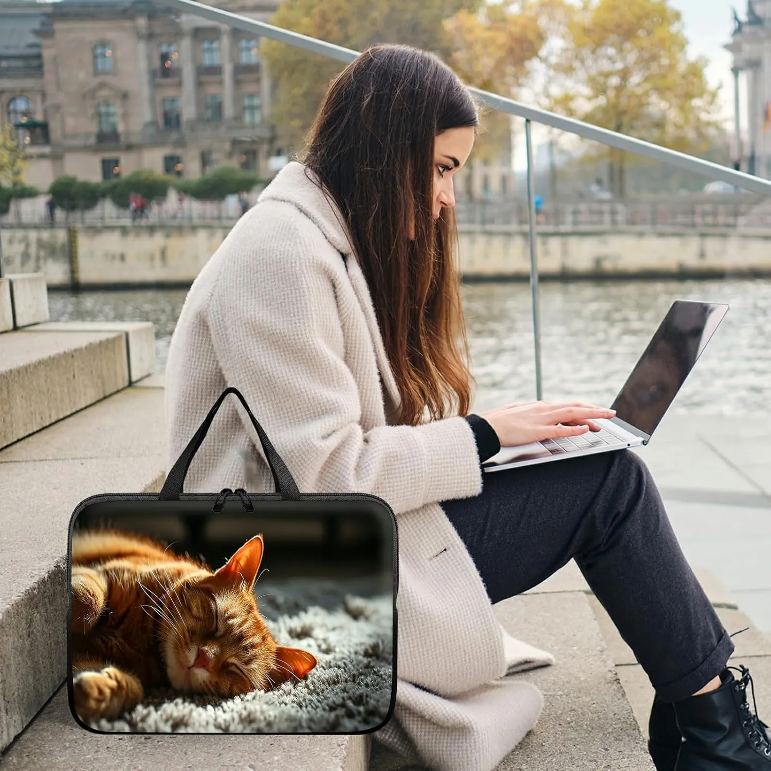 Laptop Sleeve Case Bag 15 inch, Sleep Cat Slim Carrying Case Durable Handbag Travel Laptop Bag for 15 inch MacBook Air M3/M2/15 Pro/Surface Laptop 7/6/5/4/3/ Dell XPS 15 Plus