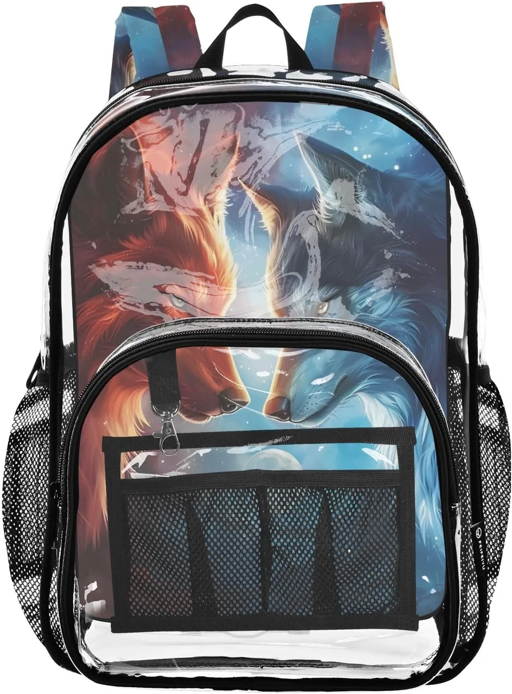 Large Clear Backpack PVC Transparent Bookbag Heavy Duty Wolf Confront Casual Daypack Work School for Women Men
