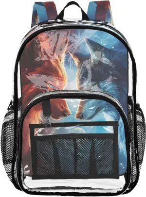 Large Clear Backpack PVC Transparent Bookbag Heavy Duty Wolf Confront Casual Daypack Work School for Women Men