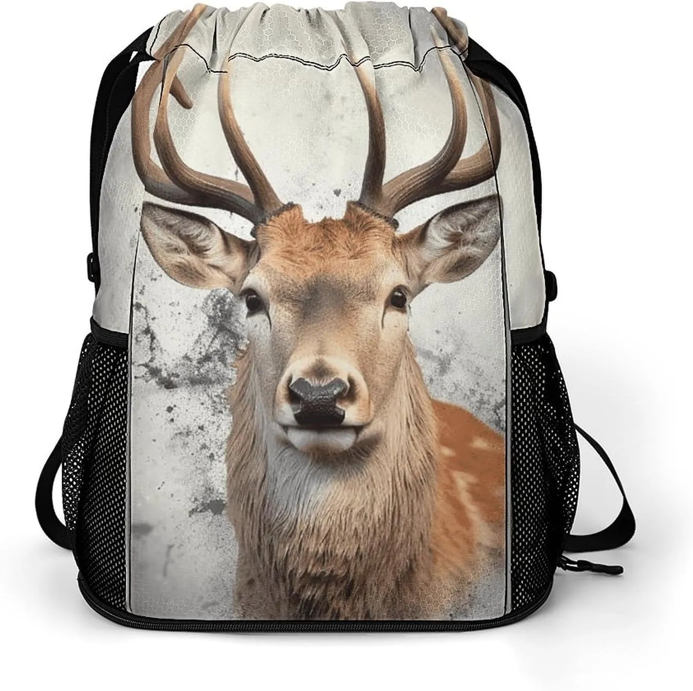 Large Sports Drawstring Backpack Animal Deer Printed with Dry-Wet Separation | Digital Print Gym Sack | Waterproof Fabric | Shoe Compartment & PVC Pocket | Hydration Mesh for Fitness, Travel, Work