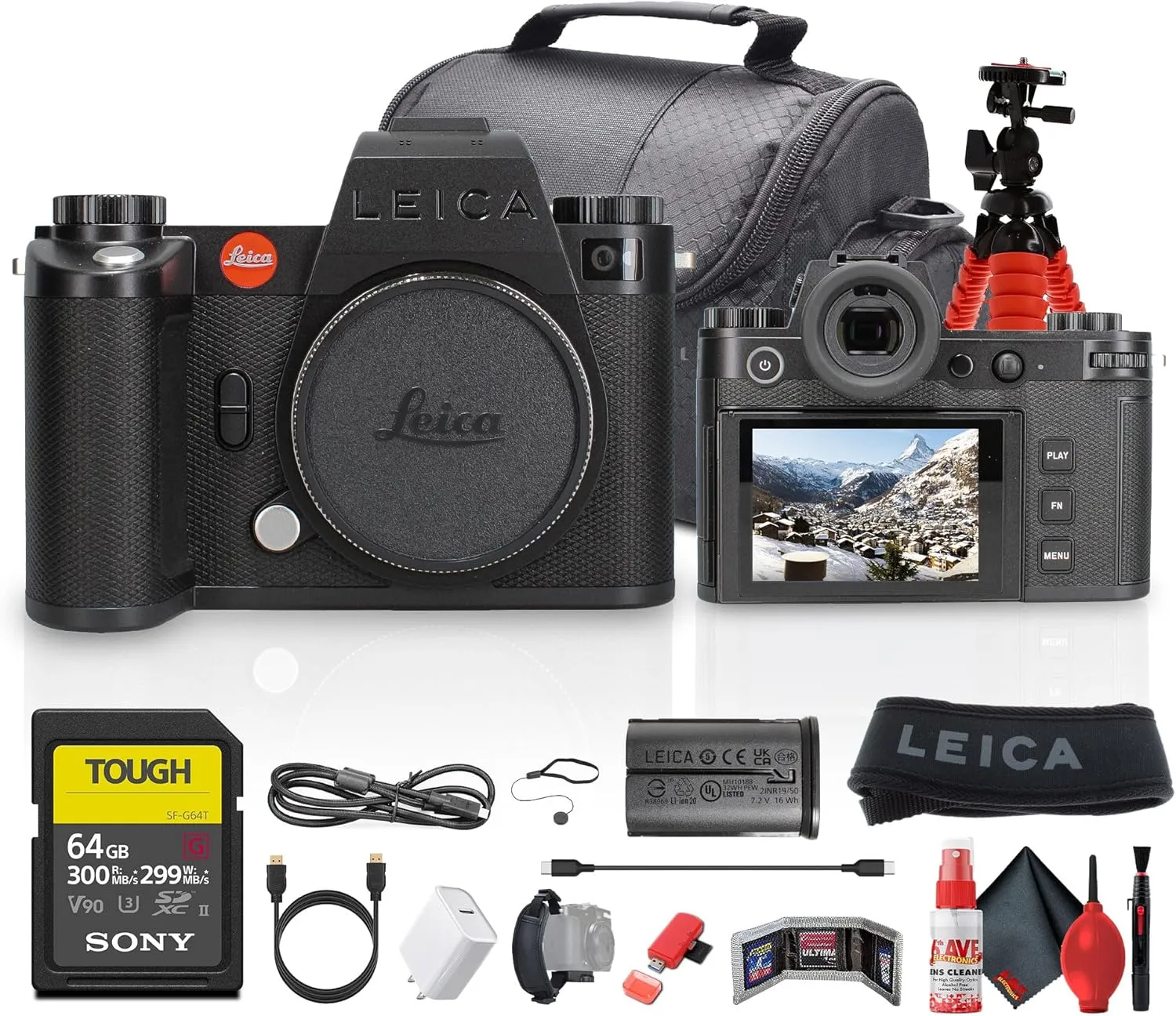Leica SL3-S Mirrorless Digital Camera (LEISL3S)   64GB Memory Card   Camera Bag   Flexible Tripod   USB-C Cable   Cleaning Kit   USB-C Adapter   HDMI Cable   Hand Strap   Card Wallet   More