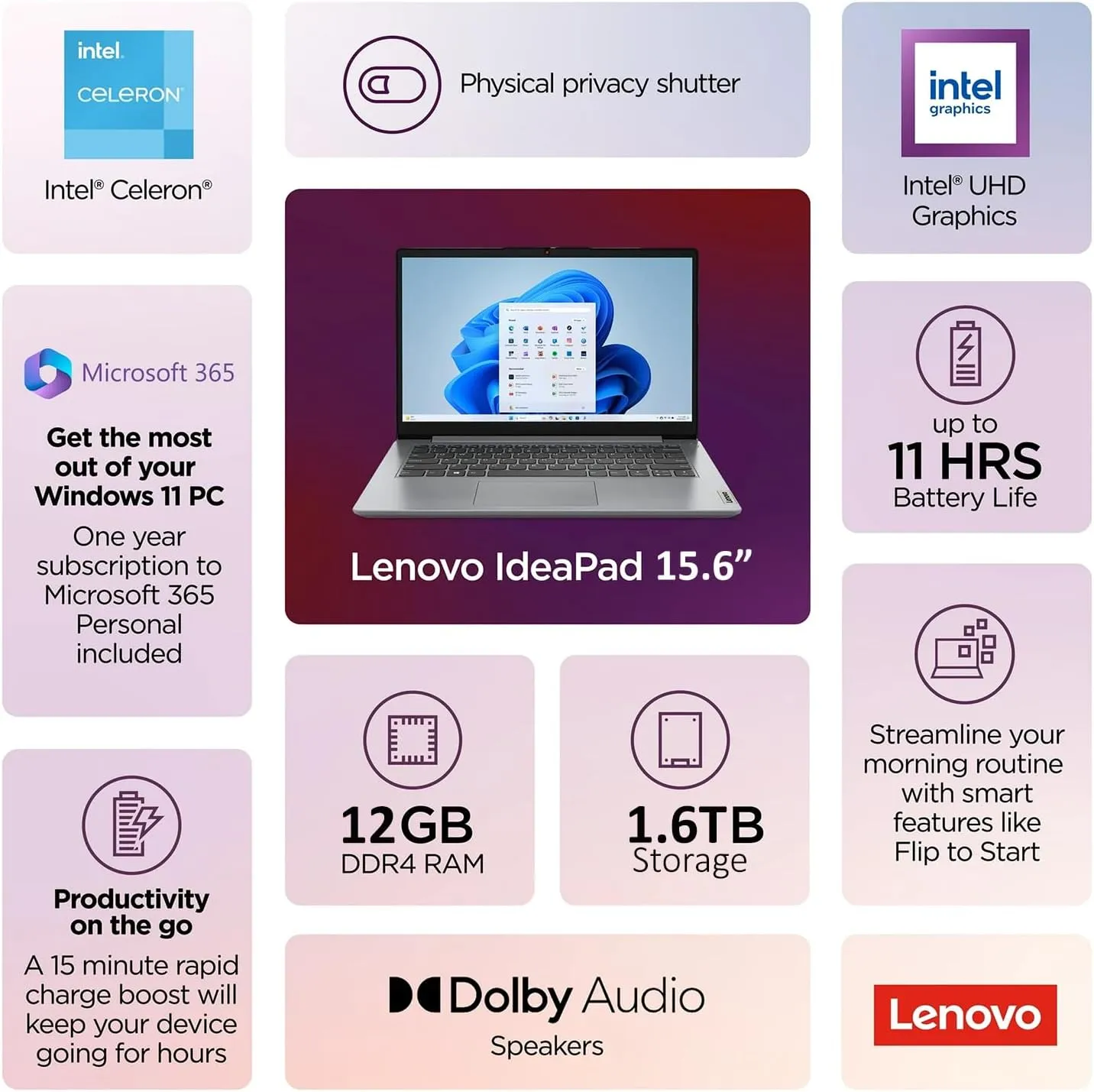 Lenovo IdeaPad 15.6 Inch Laptop Computer with 1-Yr Microsoft 365 • 12GB RAM • 1.6TB Total Storage (639GB Combined Onboard 1TB Cloud) • Intel Celeron • WiFi-6 • Blue • Copilot AI • Windows 11