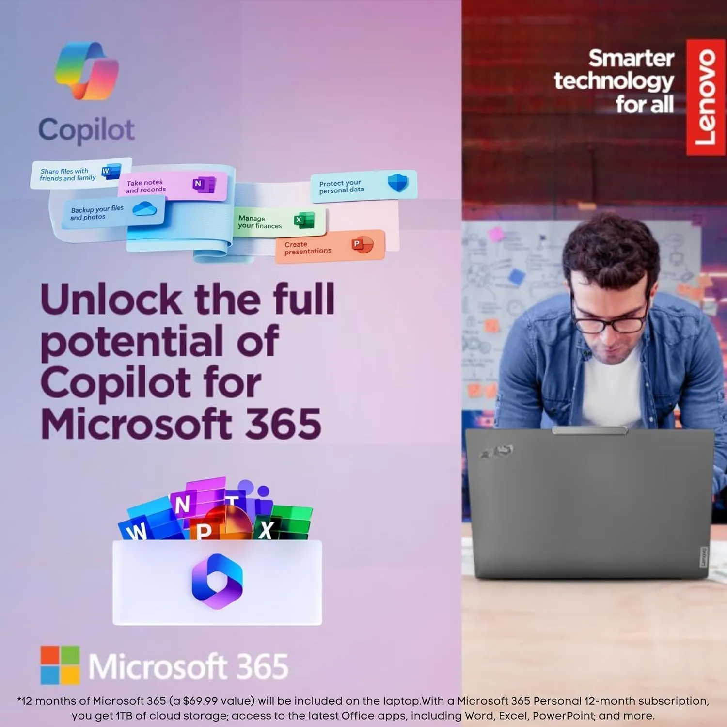 Lenovo IdeaPad 15.6 Inch Laptop Computer with 1-Yr Microsoft 365 • 12GB RAM • 1.6TB Total Storage (639GB Combined Onboard 1TB Cloud) • Intel Celeron • WiFi-6 • Blue • Copilot AI • Windows 11