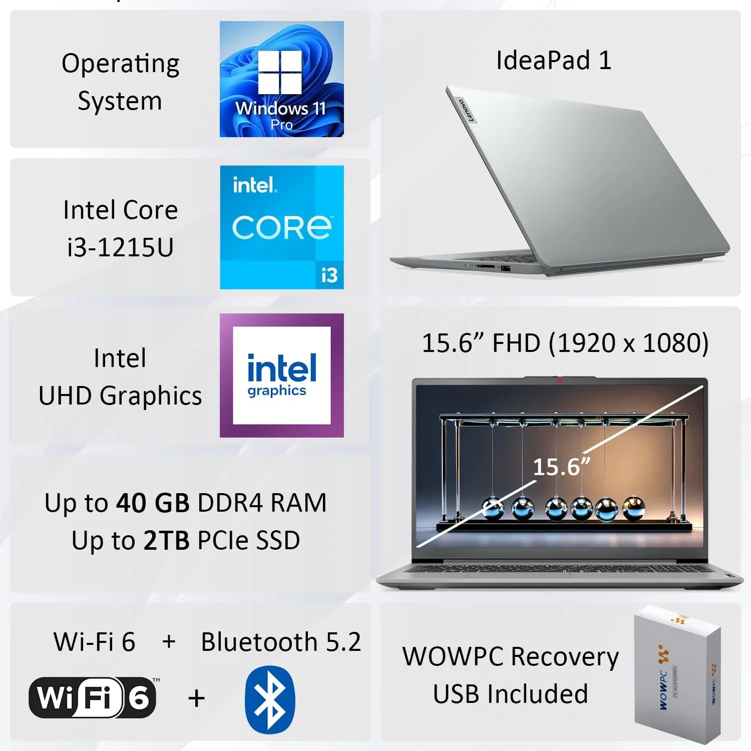 Lenovo IdeaPad Laptop for Home or Work, Intel Core i3-1215U Processor(Beats Core i7-1165G7), 15.6" FHD 1080p Anti-Glare Display, 16GB RAM, 1TB PCIe SSD, SD Card Reader, Windows 11 Pro, WOWPC USB
