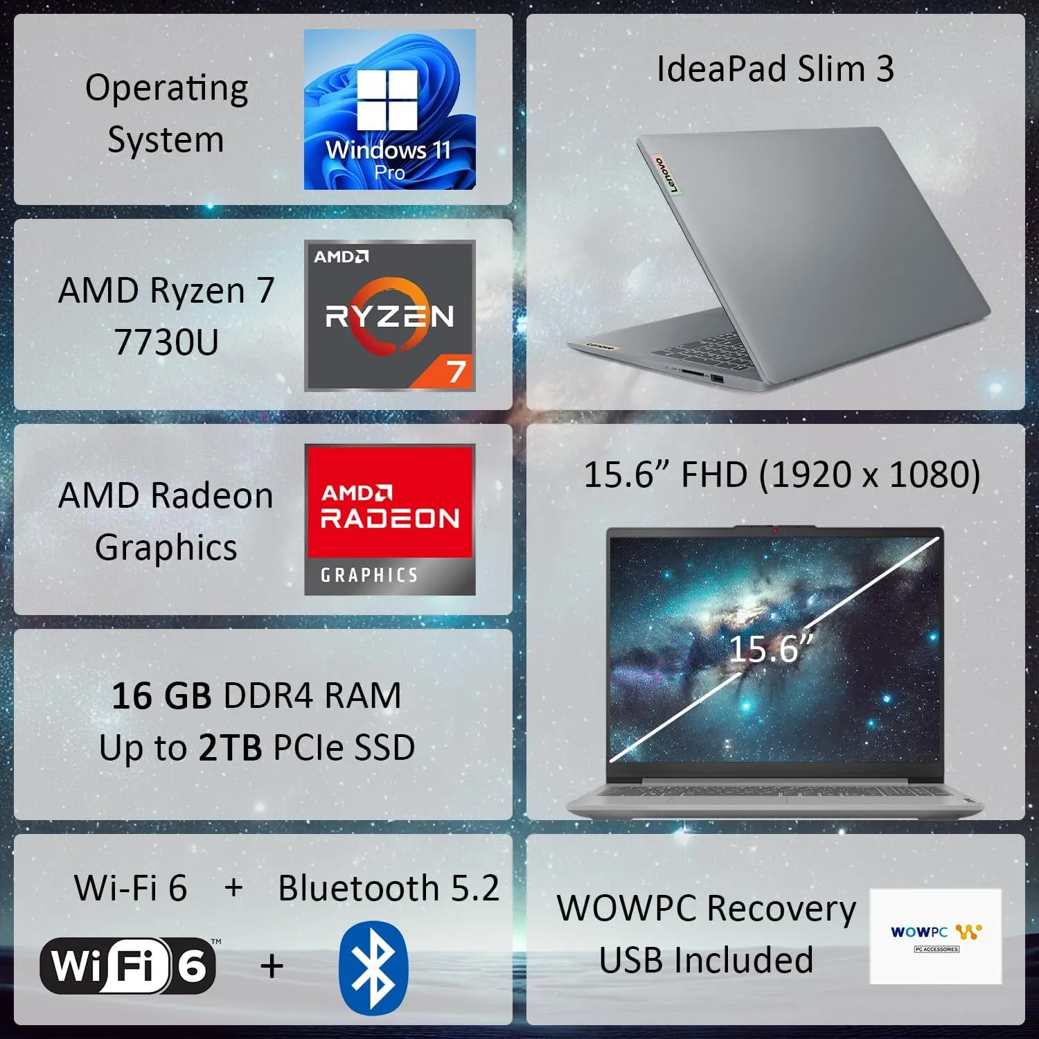 Lenovo IdeaPad Slim 3 Business Laptop, Ryzen 7 7730U Processor (Beats i7-1355U), 15.6" FHD LED Display, 16GB RAM, 1TB PCIe SSD, SD Card Reader, WiFi 6, Windows 11 Pro, WOWPC Recovery USB