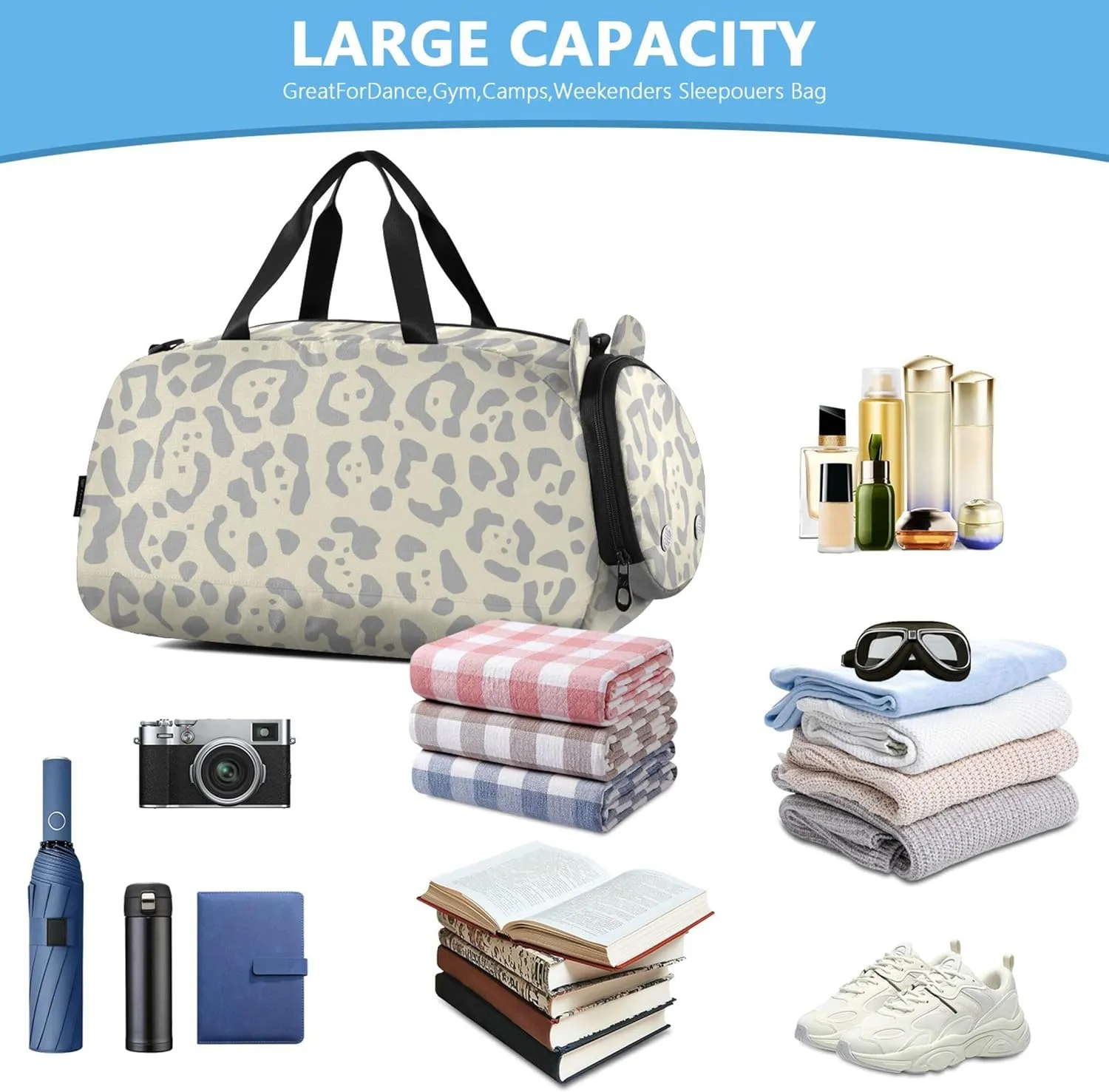 Leopard Fur Duffel Gym Bags with Shoes Compartment Lightweight Travel Duffel Bag for Travel, Sports, Fitness & Workout