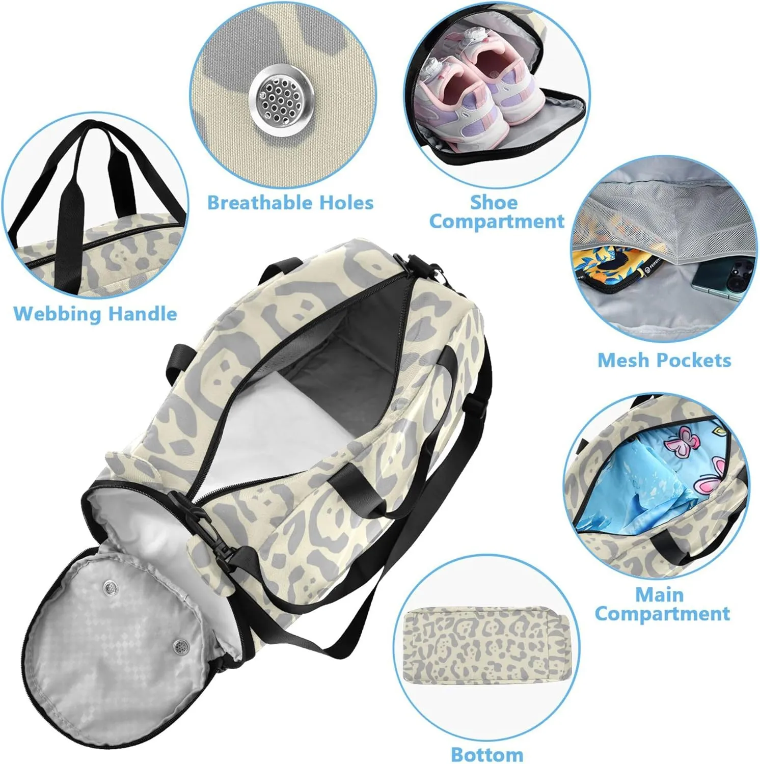 Leopard Fur Duffel Gym Bags with Shoes Compartment Lightweight Travel Duffel Bag for Travel, Sports, Fitness & Workout