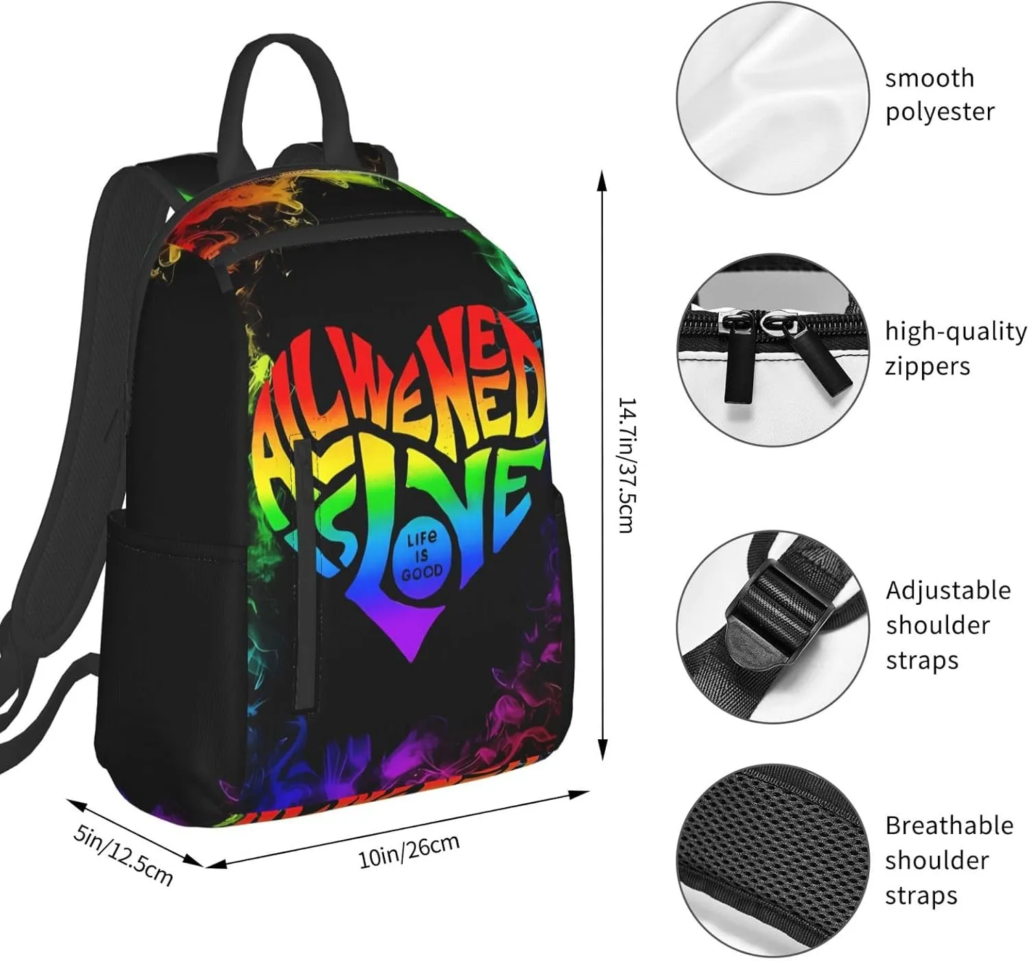 LGBT Rainbow All We Need Is Love Life is Soo Good Travel Laptop Backpack Casual Backpacks Double Shoulder Daypack Notebook Rucksack Work Bags Sports Bag for Hiking Camping Beach
