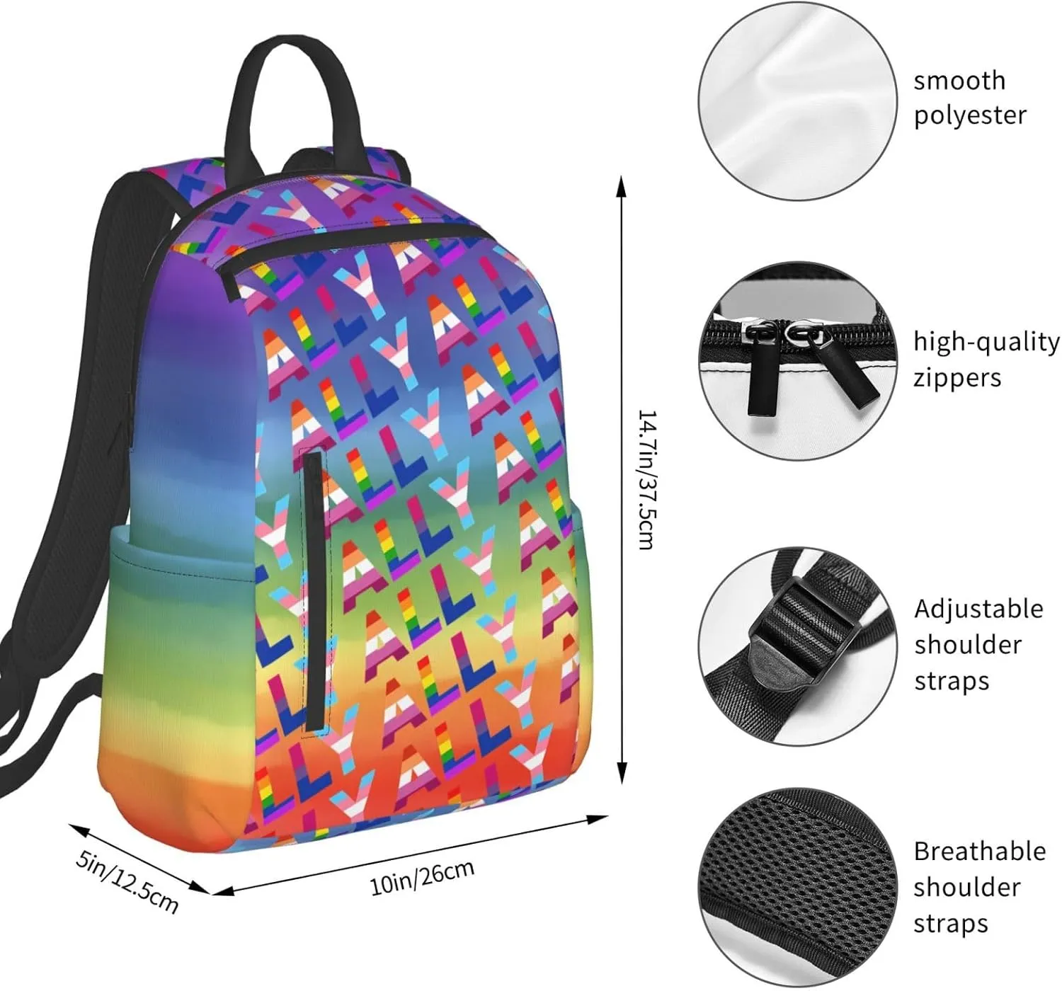 LGBT Rainbow Gay Pride Ally Travel Laptop Backpack Casual Backpacks Double Shoulder Daypack Notebook Rucksack Work Bags Sports Bag for Gym Hiking Camping Beach