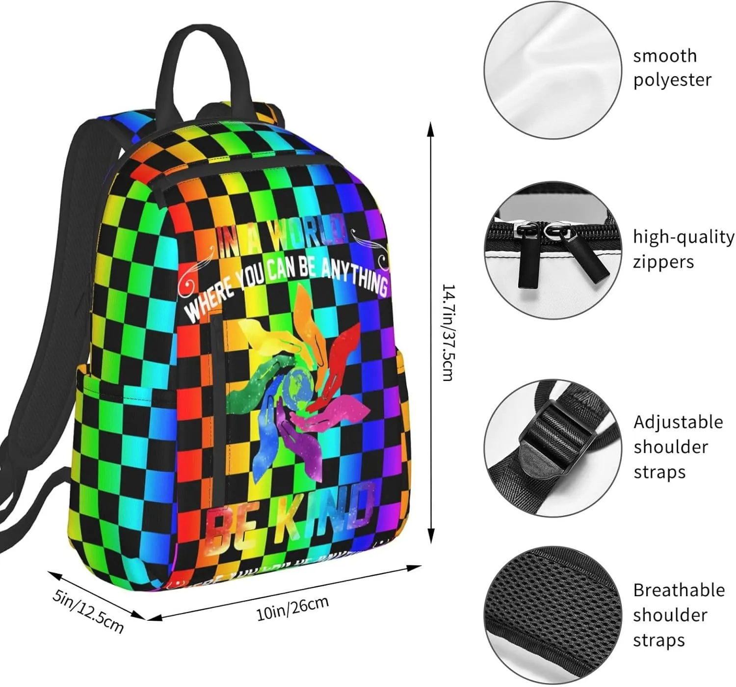 LGBT Rainbow Gay Pride In A World Be Kind Travel Laptop Backpack Casual Backpacks Double Shoulder Daypack Notebook Rucksack Work Bags Sports Bag for Hiking Camping Beach