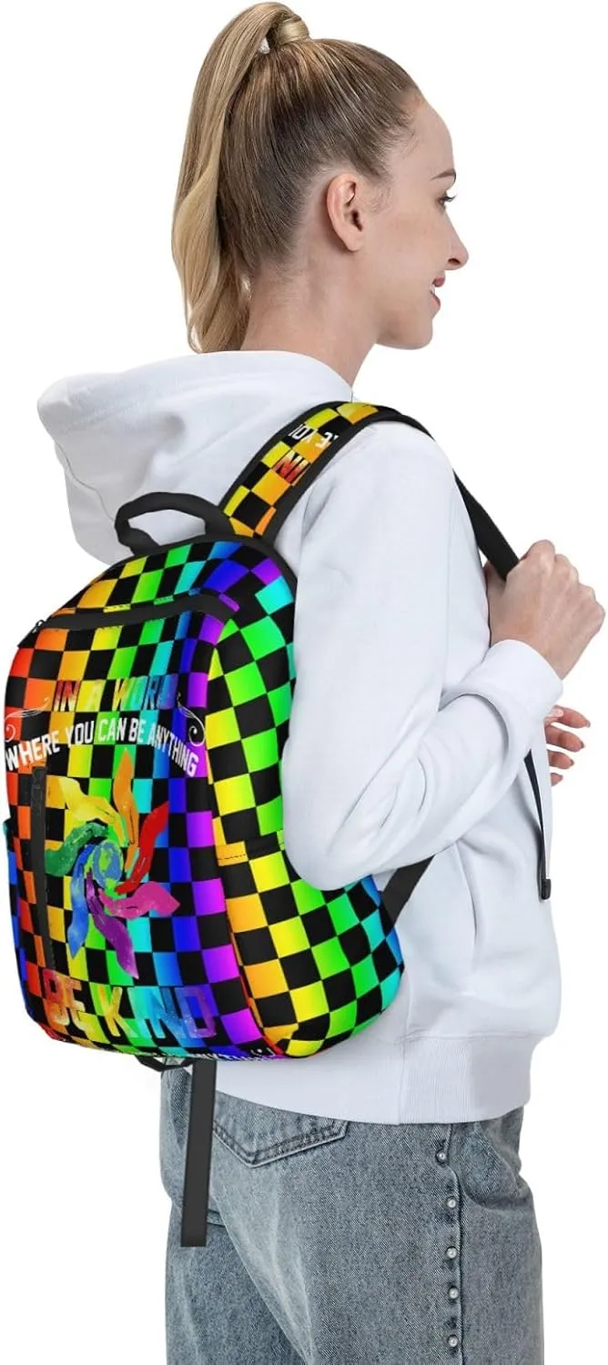 LGBT Rainbow Gay Pride In A World Be Kind Travel Laptop Backpack Casual Backpacks Double Shoulder Daypack Notebook Rucksack Work Bags Sports Bag for Hiking Camping Beach