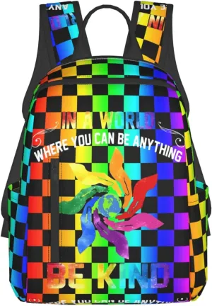 LGBT Rainbow Gay Pride In A World Be Kind Travel Laptop Backpack Casual Backpacks Double Shoulder Daypack Notebook Rucksack Work Bags Sports Bag for Hiking Camping Beach