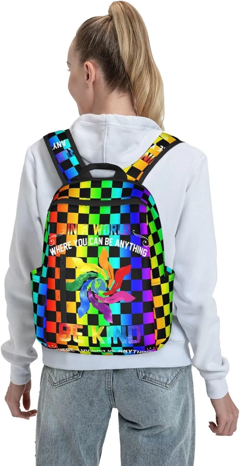 LGBT Rainbow Gay Pride In A World Be Kind Travel Laptop Backpack Casual Backpacks Double Shoulder Daypack Notebook Rucksack Work Bags Sports Bag for Hiking Camping Beach