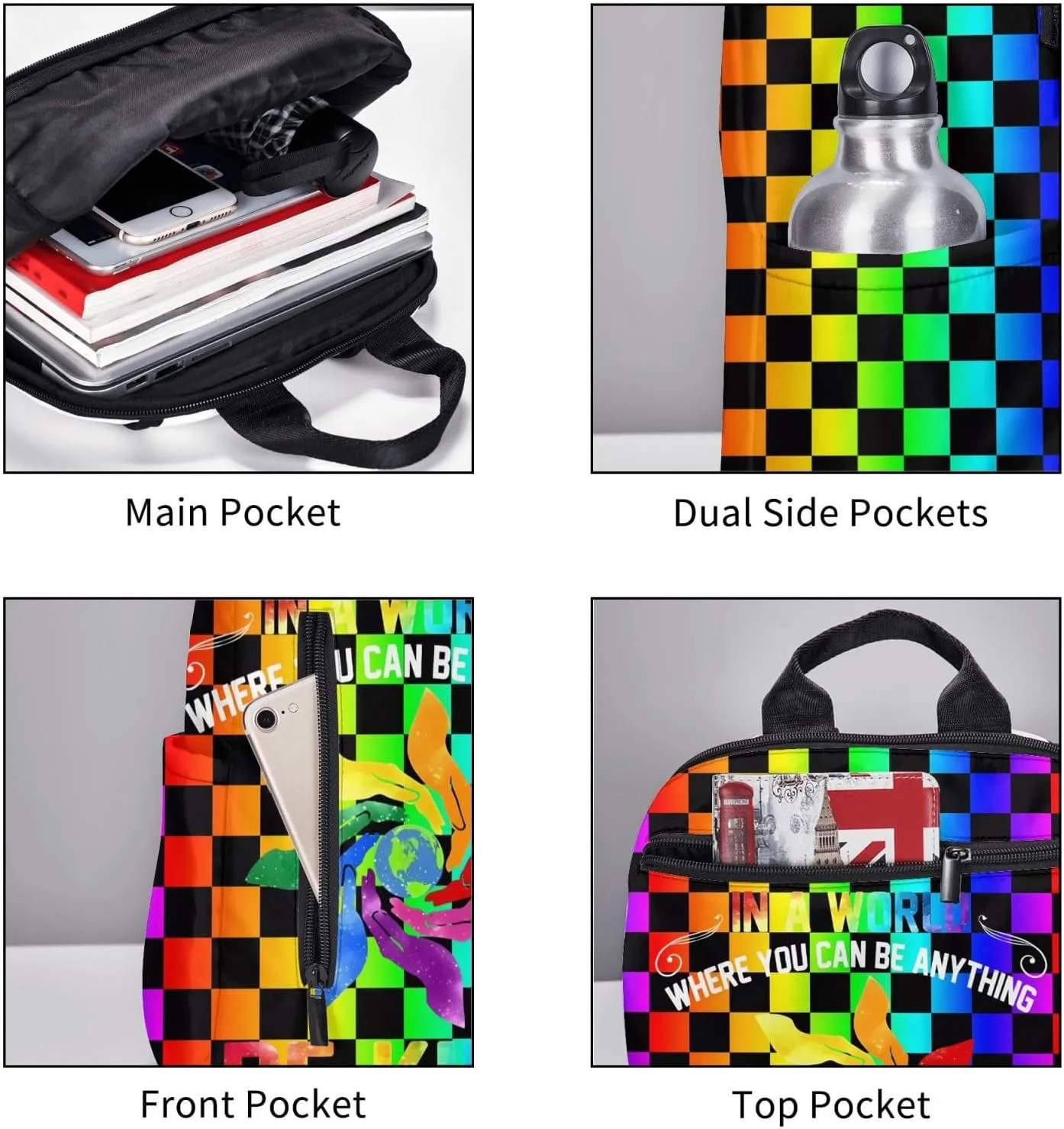 LGBT Rainbow Gay Pride In A World Be Kind Travel Laptop Backpack Casual Backpacks Double Shoulder Daypack Notebook Rucksack Work Bags Sports Bag for Hiking Camping Beach