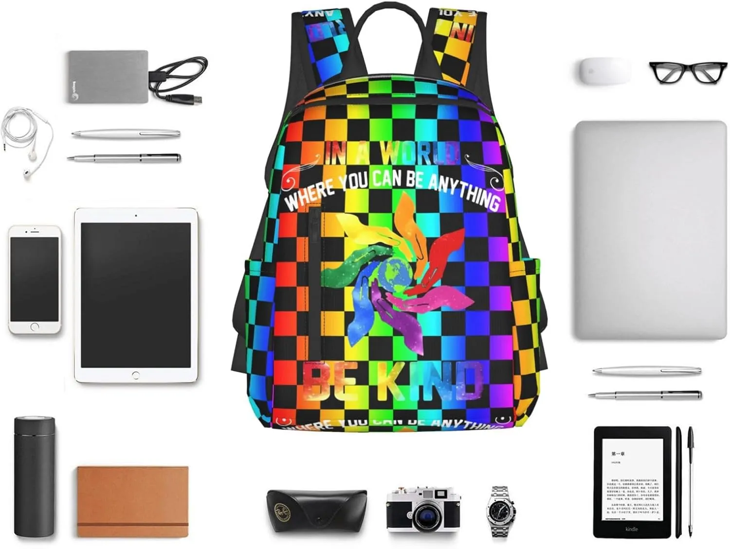 LGBT Rainbow Gay Pride In A World Be Kind Travel Laptop Backpack Casual Backpacks Double Shoulder Daypack Notebook Rucksack Work Bags Sports Bag for Hiking Camping Beach