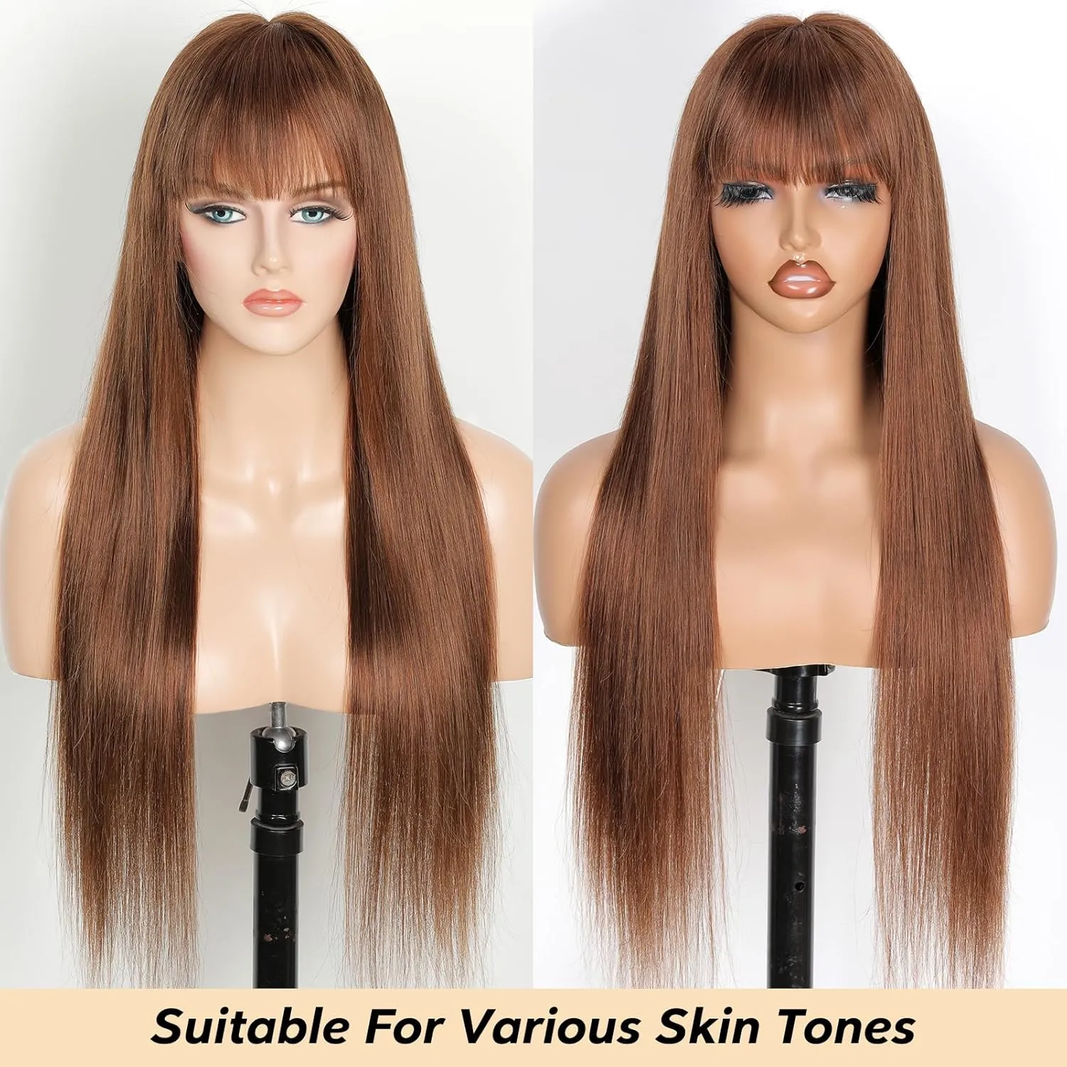 Light Chocolate Brown Wigs with Bangs Human Hair 2x4 Lace Closure Layered Wigs for Women Wear and Go Glueless Brown Straight Wig 100% Brazilian Human Hair Wigs with Bangs 180% Density 24 Inch