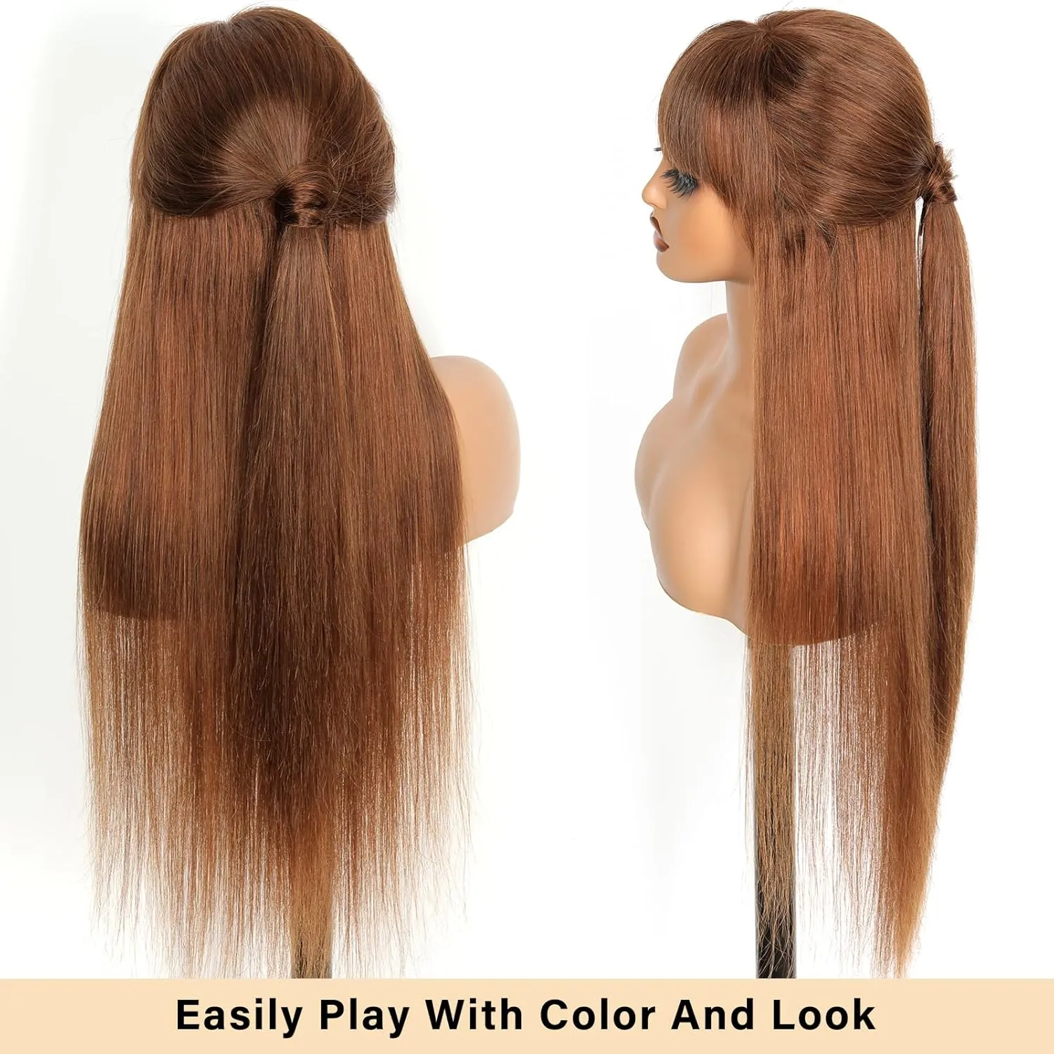 Light Chocolate Brown Wigs with Bangs Human Hair 2x4 Lace Closure Layered Wigs for Women Wear and Go Glueless Brown Straight Wig 100% Brazilian Human Hair Wigs with Bangs 180% Density 24 Inch