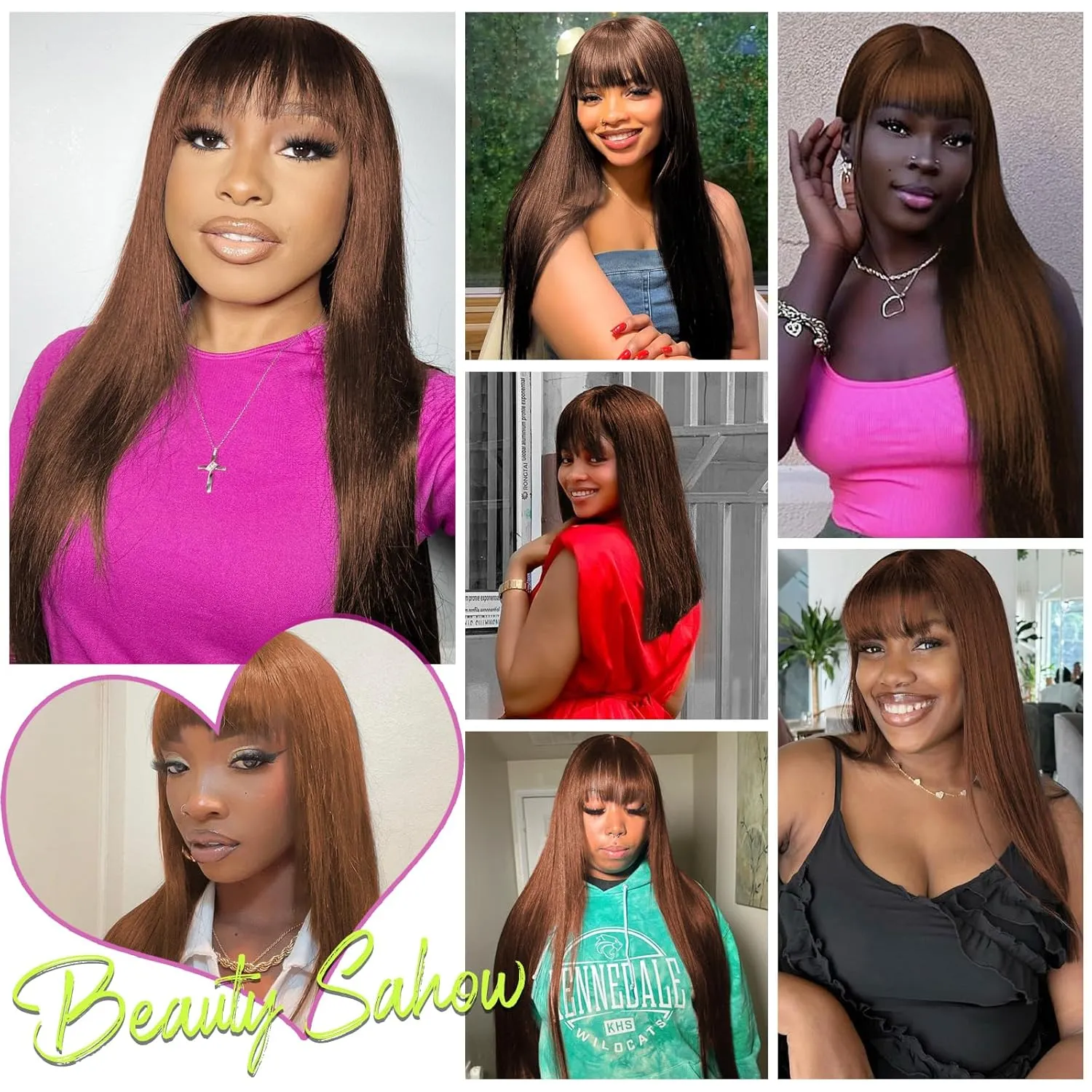 Light Chocolate Brown Wigs with Bangs Human Hair 2x4 Lace Closure Layered Wigs for Women Wear and Go Glueless Brown Straight Wig 100% Brazilian Human Hair Wigs with Bangs 180% Density 24 Inch