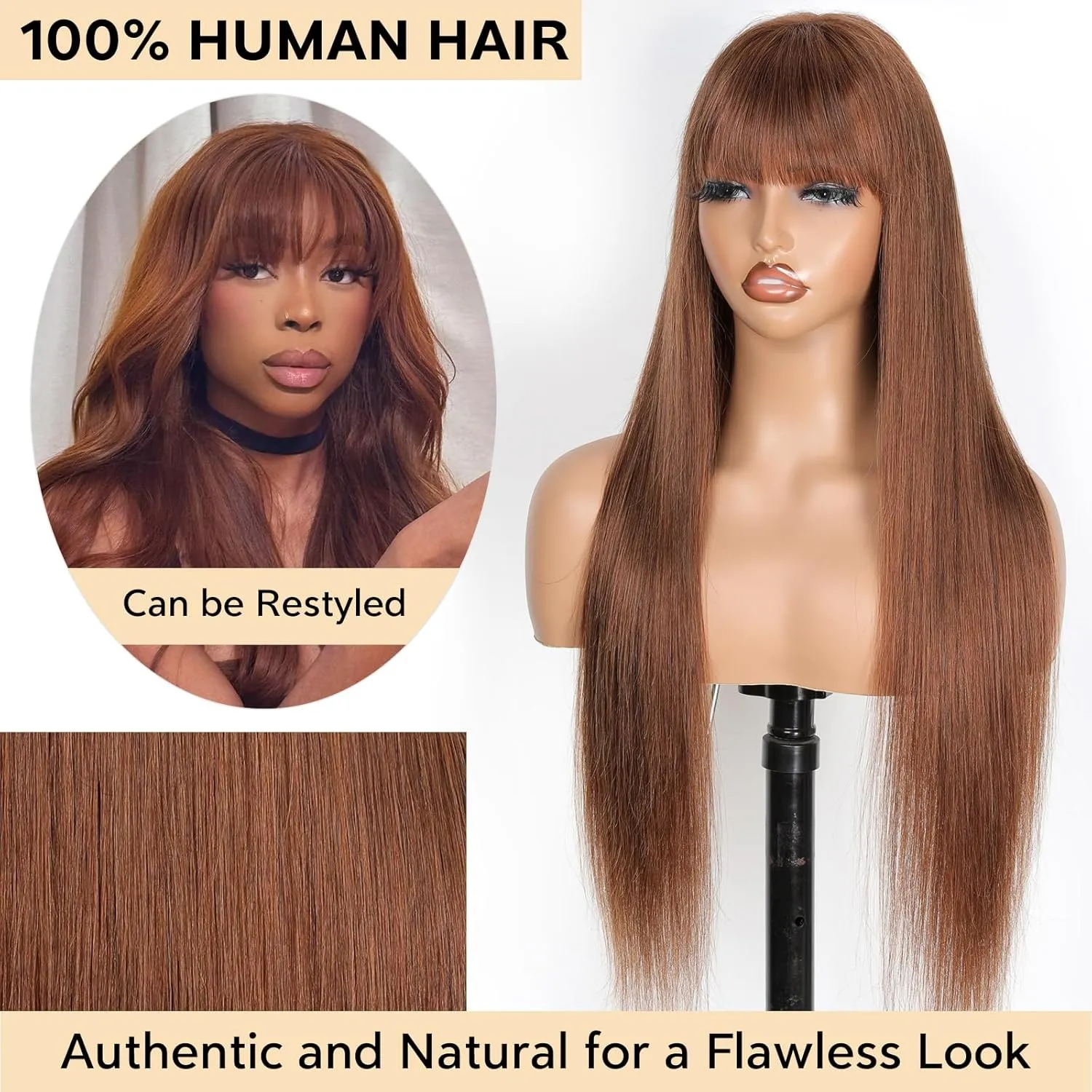 Light Chocolate Brown Wigs with Bangs Human Hair 2x4 Lace Closure Layered Wigs for Women Wear and Go Glueless Brown Straight Wig 100% Brazilian Human Hair Wigs with Bangs 180% Density 24 Inch