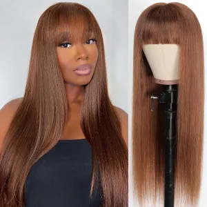 Light Chocolate Brown Wigs with Bangs Human Hair 2x4 Lace Closure Layered Wigs for Women Wear and Go Glueless Brown Straight Wig 100% Brazilian Human Hair Wigs with Bangs 180% Density 24 Inch