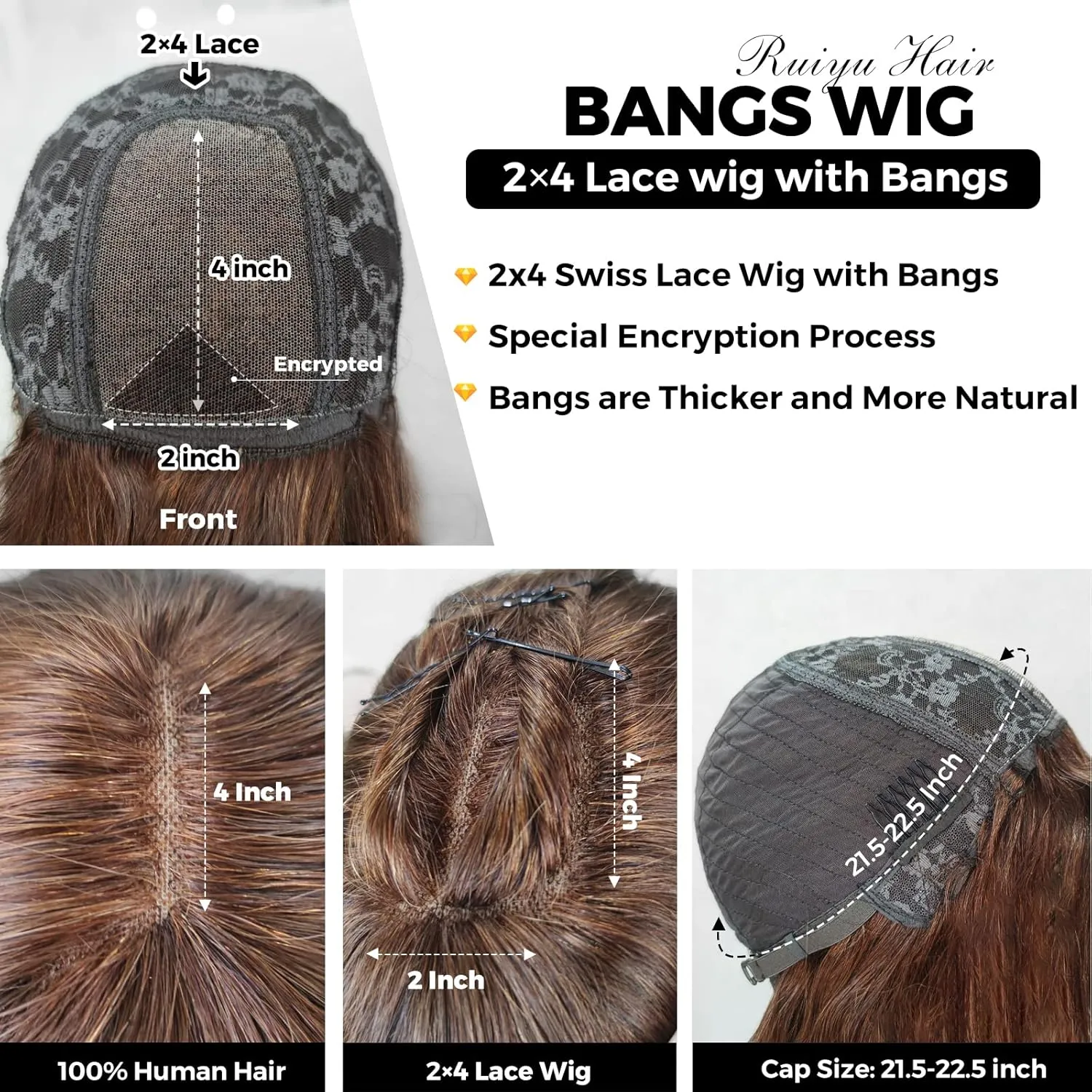 Light Chocolate Brown Wigs with Bangs Human Hair 2x4 Lace Closure Layered Wigs for Women Wear and Go Glueless Brown Straight Wig 100% Brazilian Human Hair Wigs with Bangs 180% Density 24 Inch