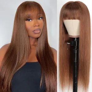Light Chocolate Brown Wigs with Bangs Human Hair 2x4 Lace Closure Layered Wigs for Women Wear and Go Glueless Brown Straight Wig 100% Brazilian Human Hair Wigs with Bangs 180% Density 26 Inch