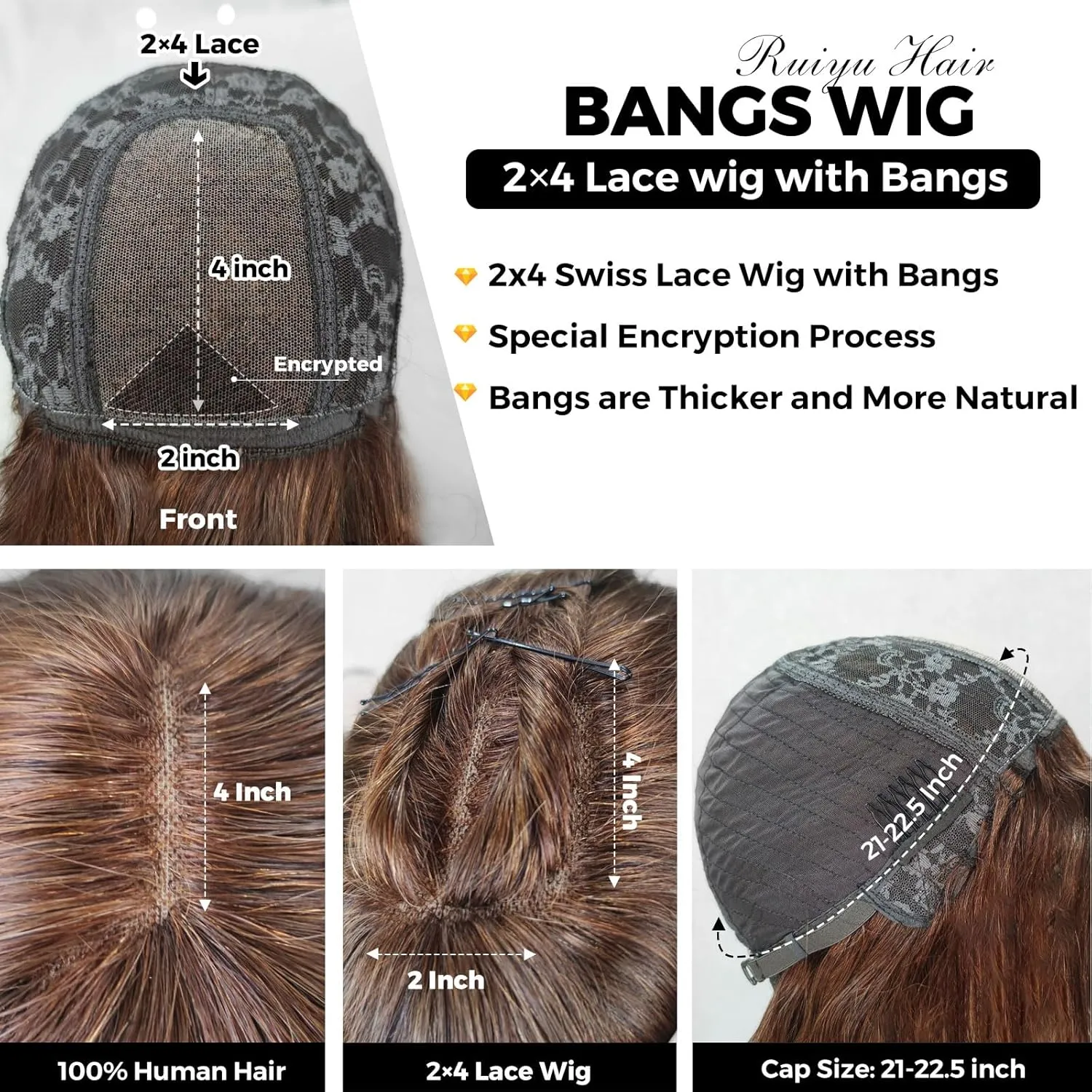Light Chocolate Brown Wigs with Bangs Human Hair 2x4 Lace Closure Layered Wigs for Women Wear and Go Glueless Brown Straight Wig 100% Brazilian Human Hair Wigs with Bangs 180% Density 26 Inch