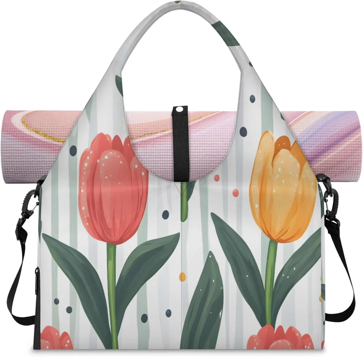 Light red tulip Women's Yoga Gym Bag - Adjustable shoulder strap with shoe compartment, large gym bag with multiple pockets for yoga mat, gym equipment and travel accessories