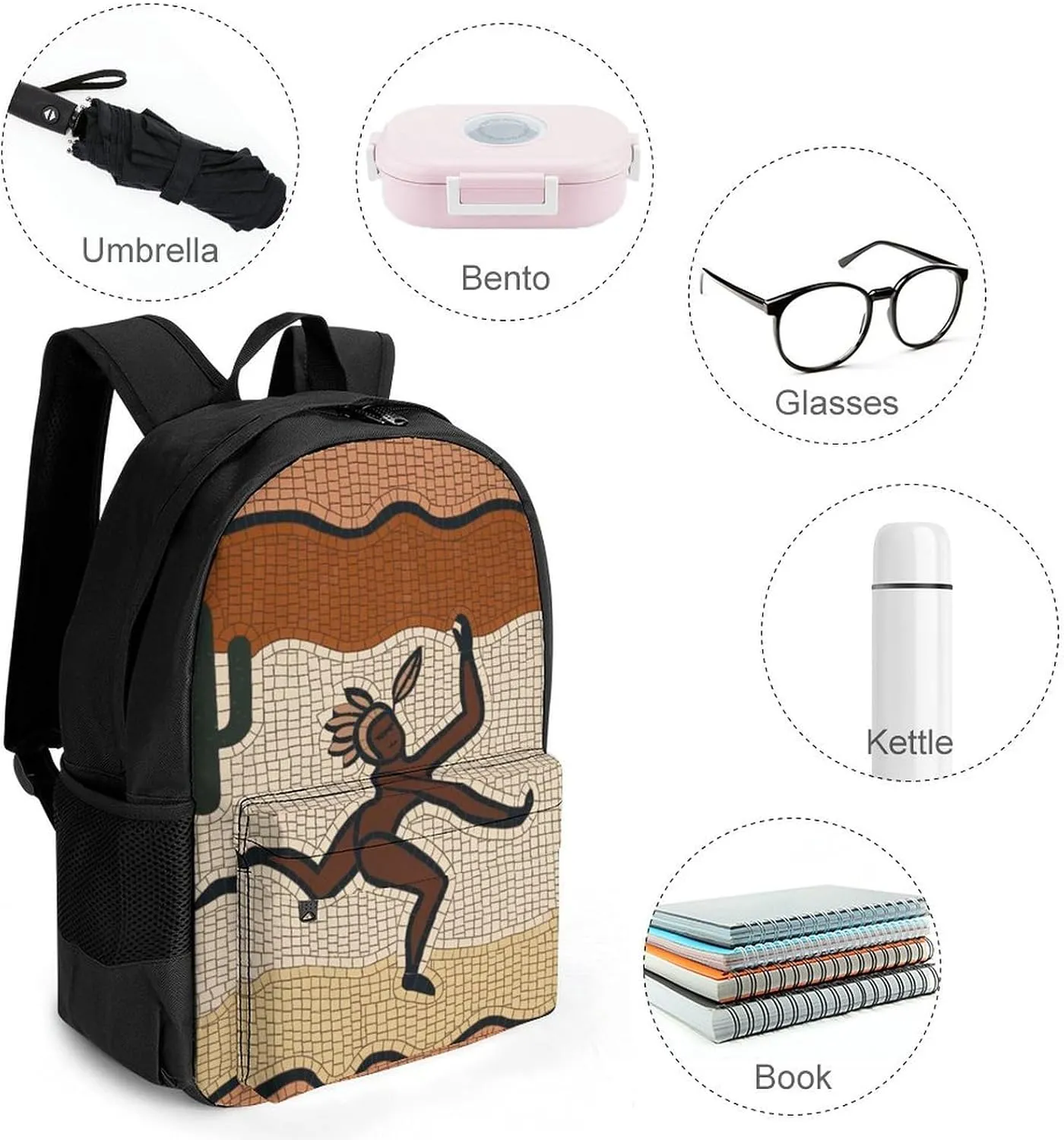 Lightweight Daypack for Camping Business Walking Cycling - Large Capacity Anti-Theft Multipurpose Bookbag, Kokopelli Southwest Desert Art Gym Outdoor Hiking Backpack