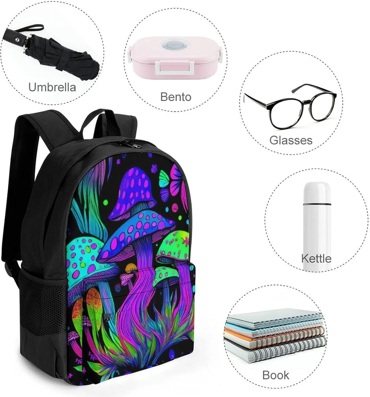 Lightweight Rucksacks for Camping Picnic Walking Cycling - Large Capacity Multipurpose Anti-Theft Carry On Bag, Psychedelic Mushroom Trippy Magic Art Travel Hiking & Camping Rucksack