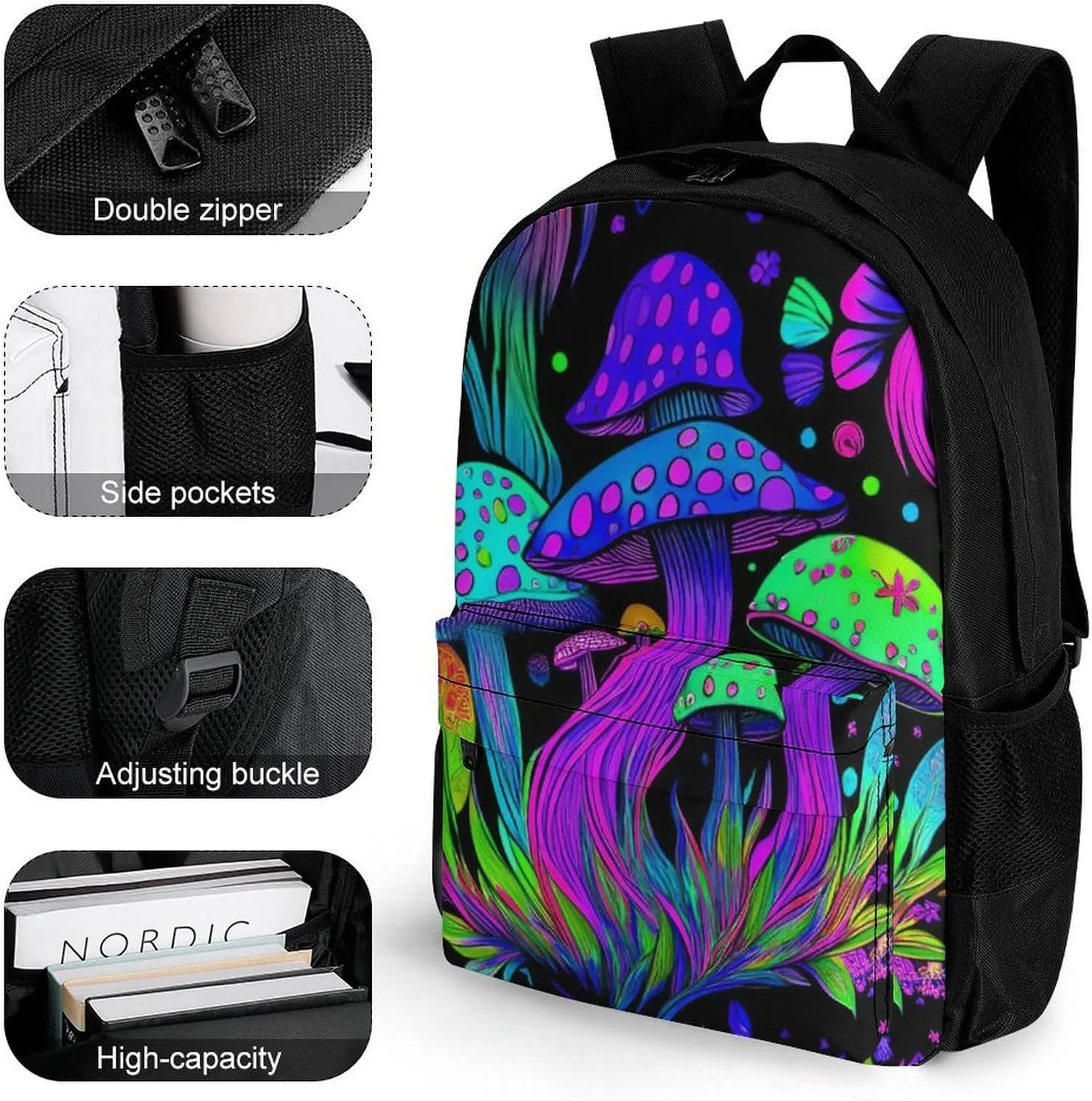 Lightweight Rucksacks for Camping Picnic Walking Cycling - Large Capacity Multipurpose Anti-Theft Carry On Bag, Psychedelic Mushroom Trippy Magic Art Travel Hiking & Camping Rucksack