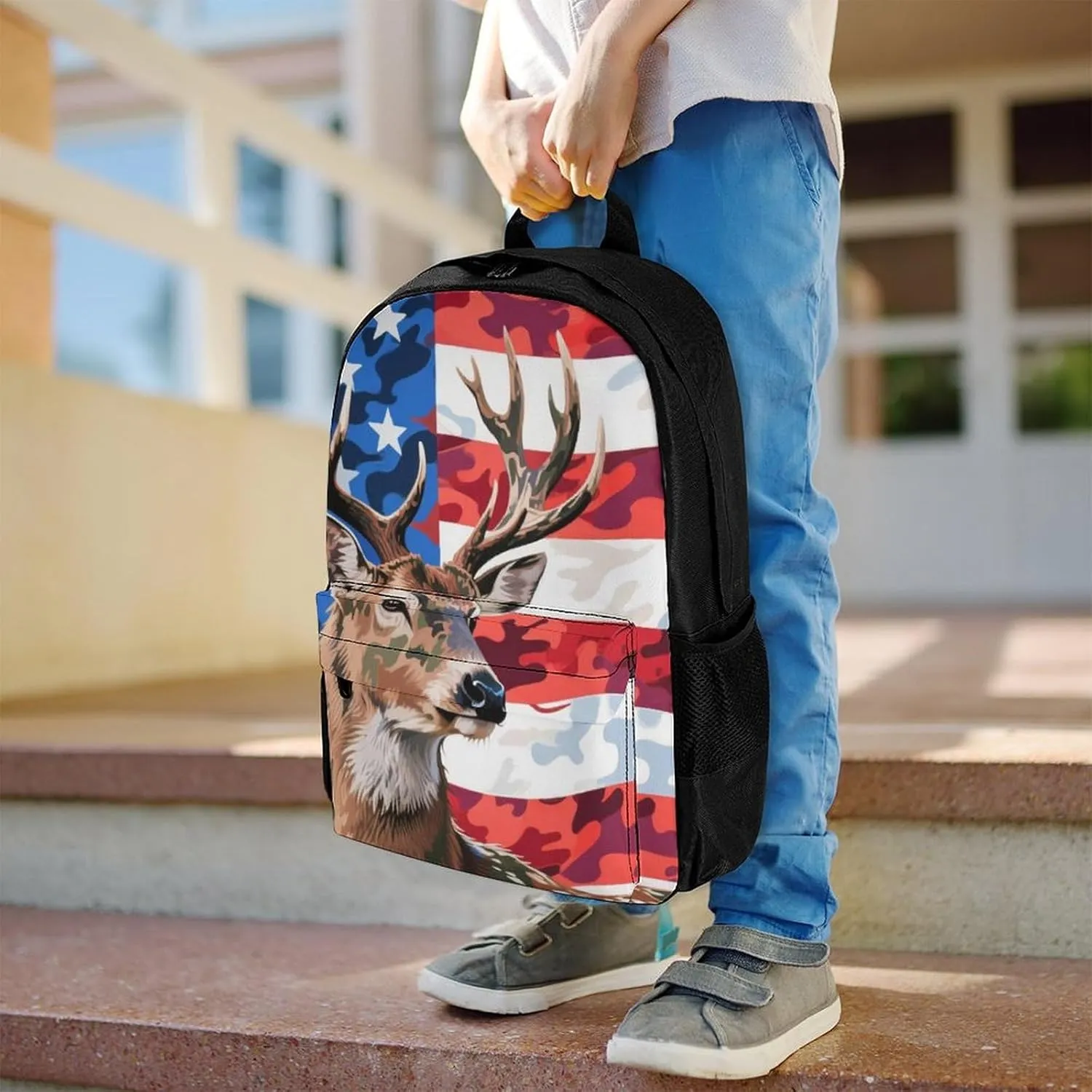 Lightweight Rucksacks for Climbing Outdoors Walking Cycling - Large Capacity Anti-Theft Multipurpose Carry On Bag, American Flag Camo Deer Camouflage Art Camping Outdoor Backpack