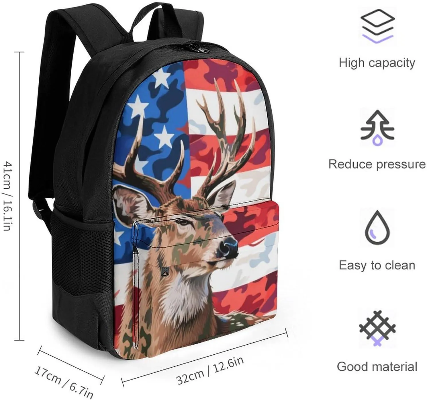 Lightweight Rucksacks for Climbing Outdoors Walking Cycling - Large Capacity Anti-Theft Multipurpose Carry On Bag, American Flag Camo Deer Camouflage Art Camping Outdoor Backpack
